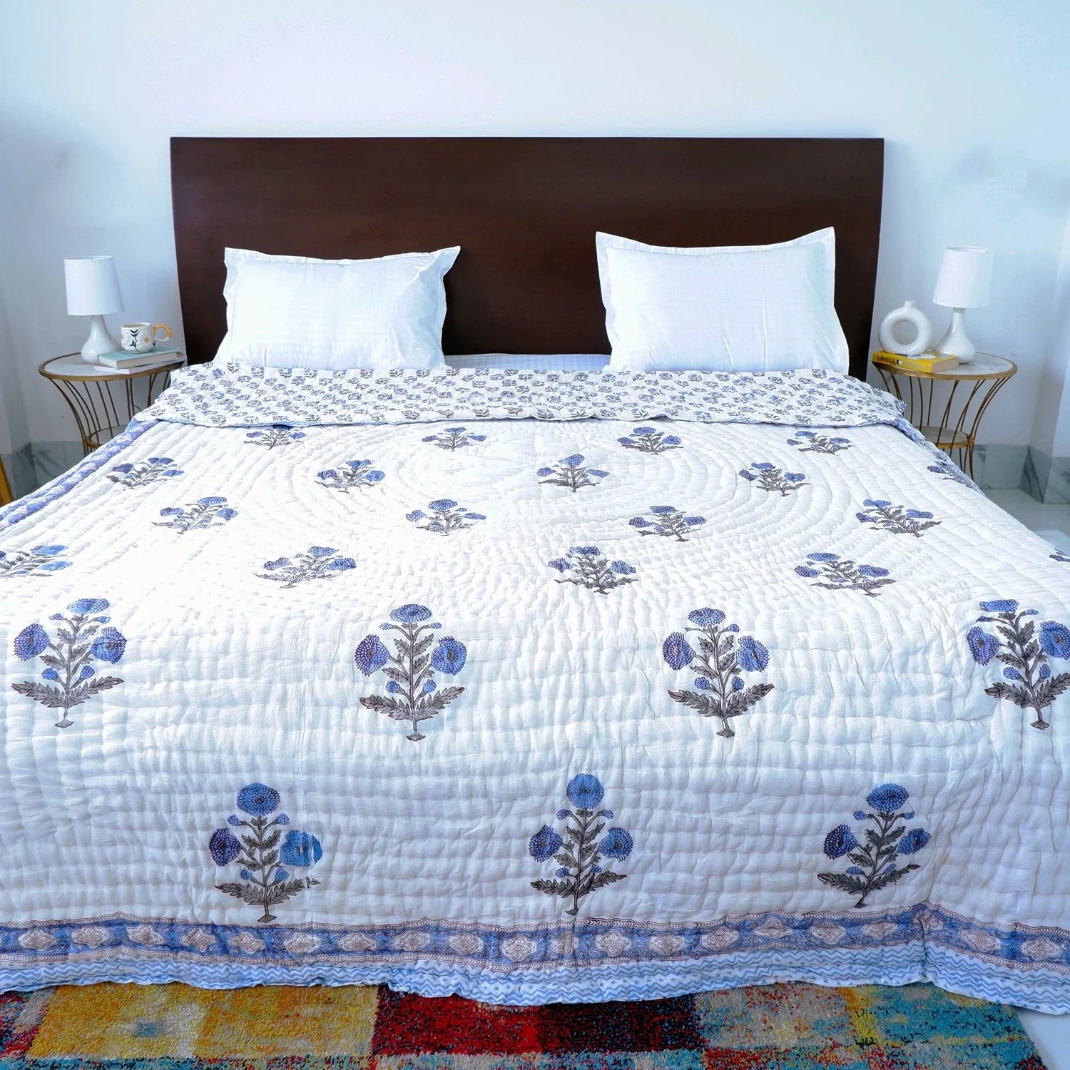 Hand Block Printed Jaipuri Cotton All season AC Quilt - Blue Floral Buta (90X108 Inches)