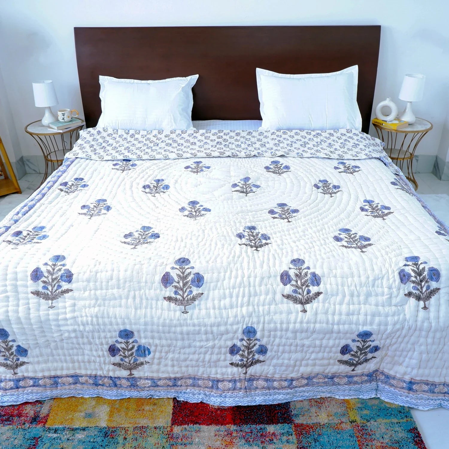 Hand Block Printed Jaipuri Cotton All season AC Quilt - Blue Floral Buta (90X108 Inches)