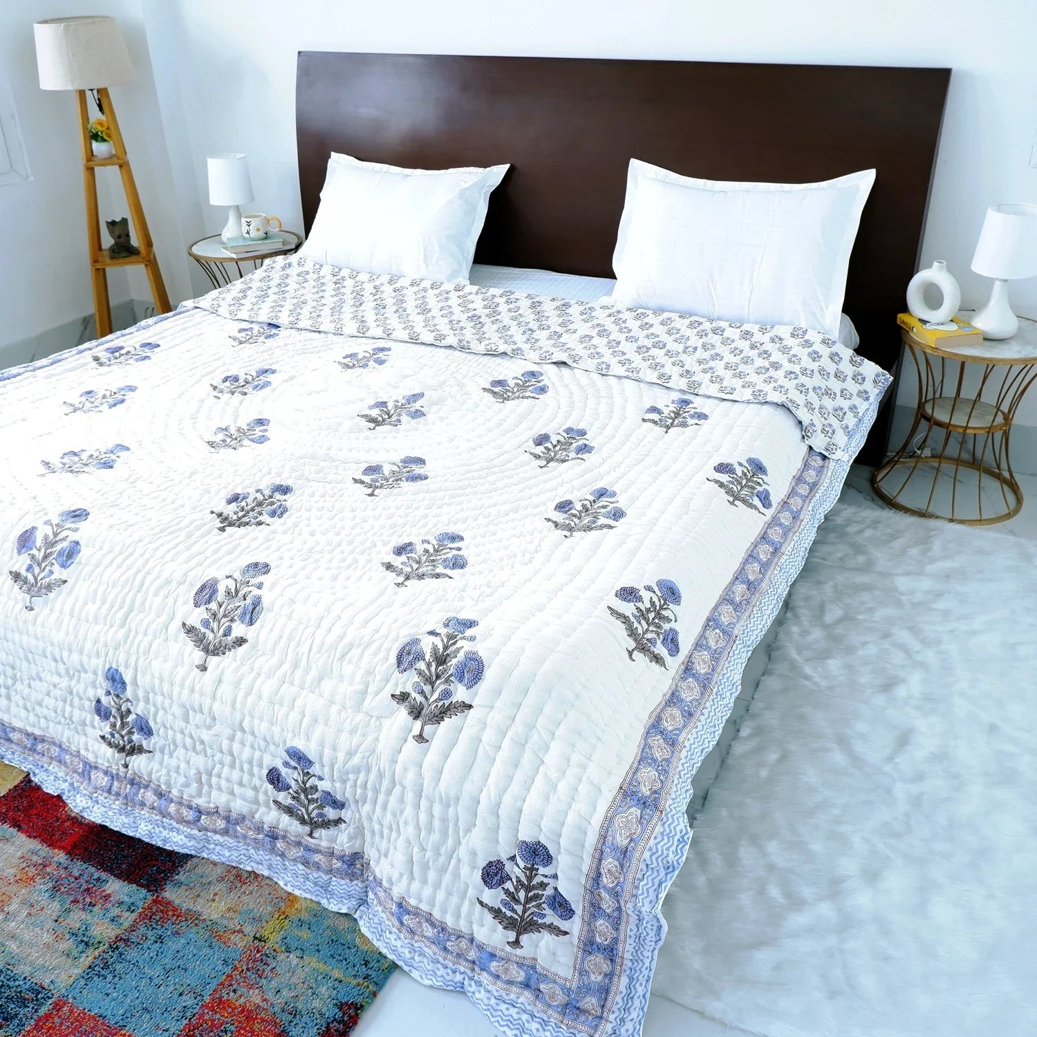 Hand Block Printed Jaipuri Cotton All season AC Quilt - Blue Floral Buta (90X108 Inches)