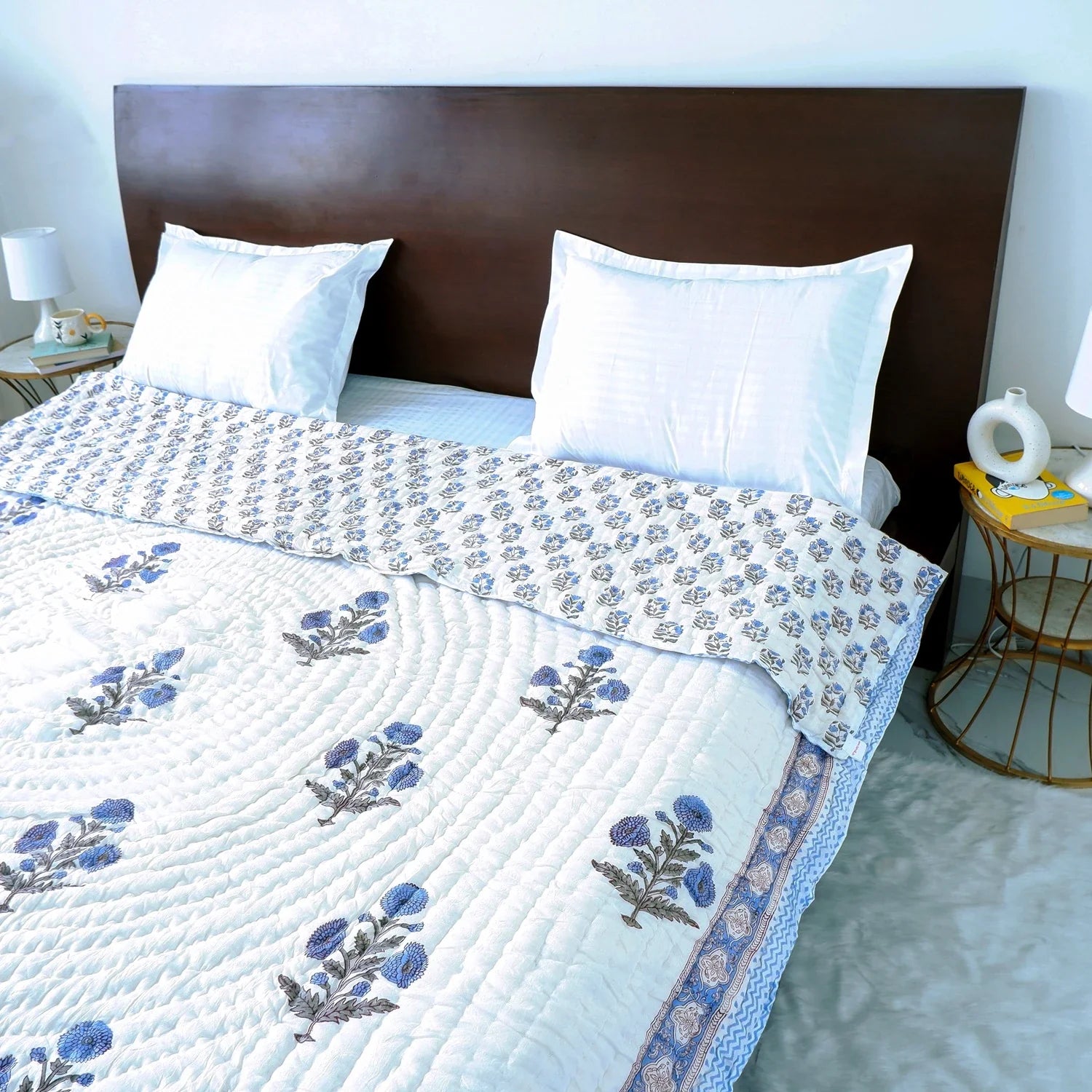 Hand Block Printed Jaipuri Cotton All season AC Quilt - Blue Floral Buta (90X108 Inches)