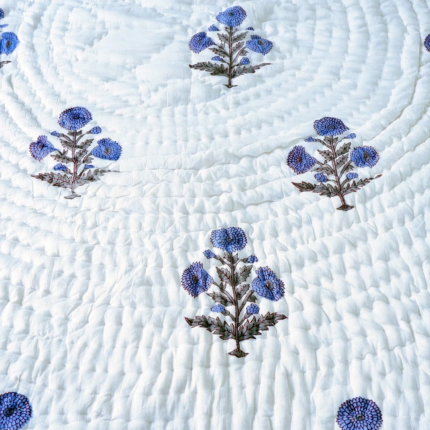 Hand Block Printed Jaipuri Cotton All season AC Quilt - Blue Floral Buta (90X108 Inches)