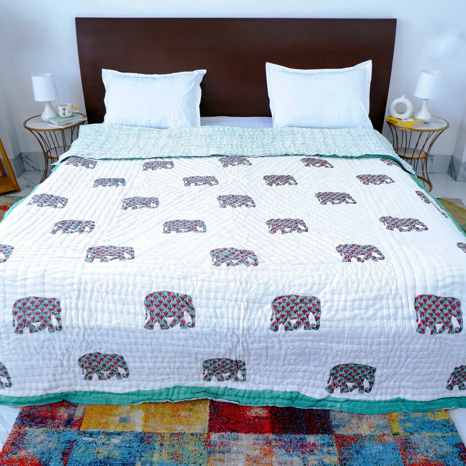 Hand Block Printed  Jaipuri Cotton All season AC Quilt - Haathi Jaal Motif (90X108 Inches)