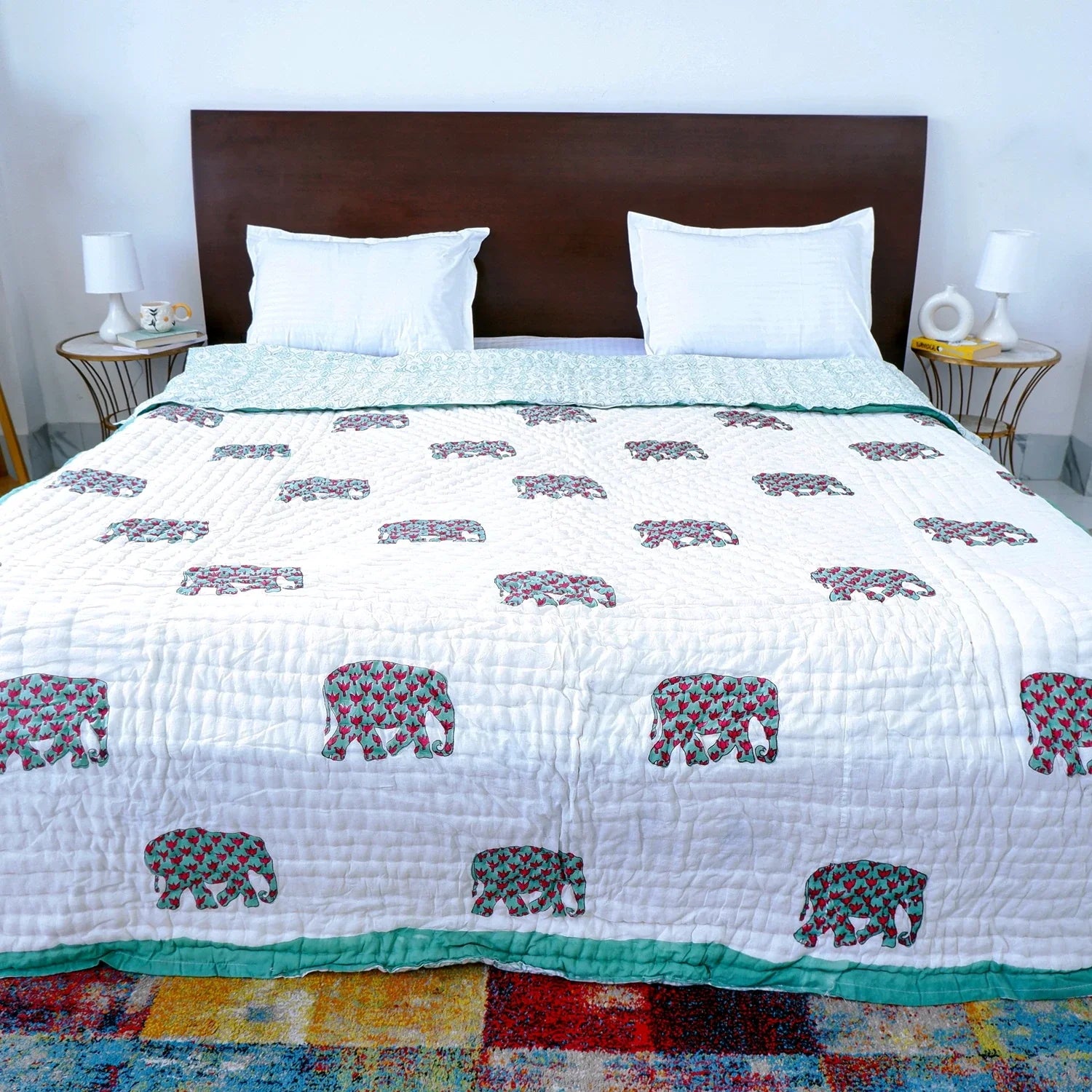 Hand Block Printed  Jaipuri Cotton All season AC Quilt - Haathi Jaal Motif (90X108 Inches)
