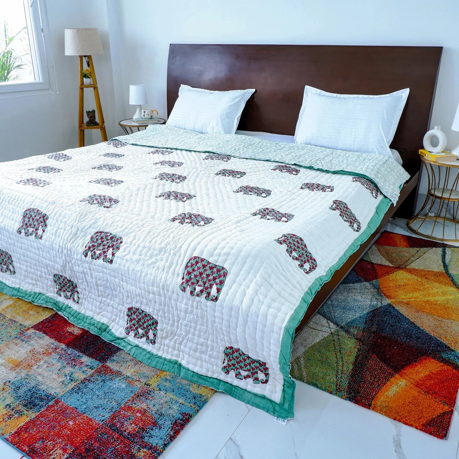 Hand Block Printed  Jaipuri Cotton All season AC Quilt - Haathi Jaal Motif (90X108 Inches)
