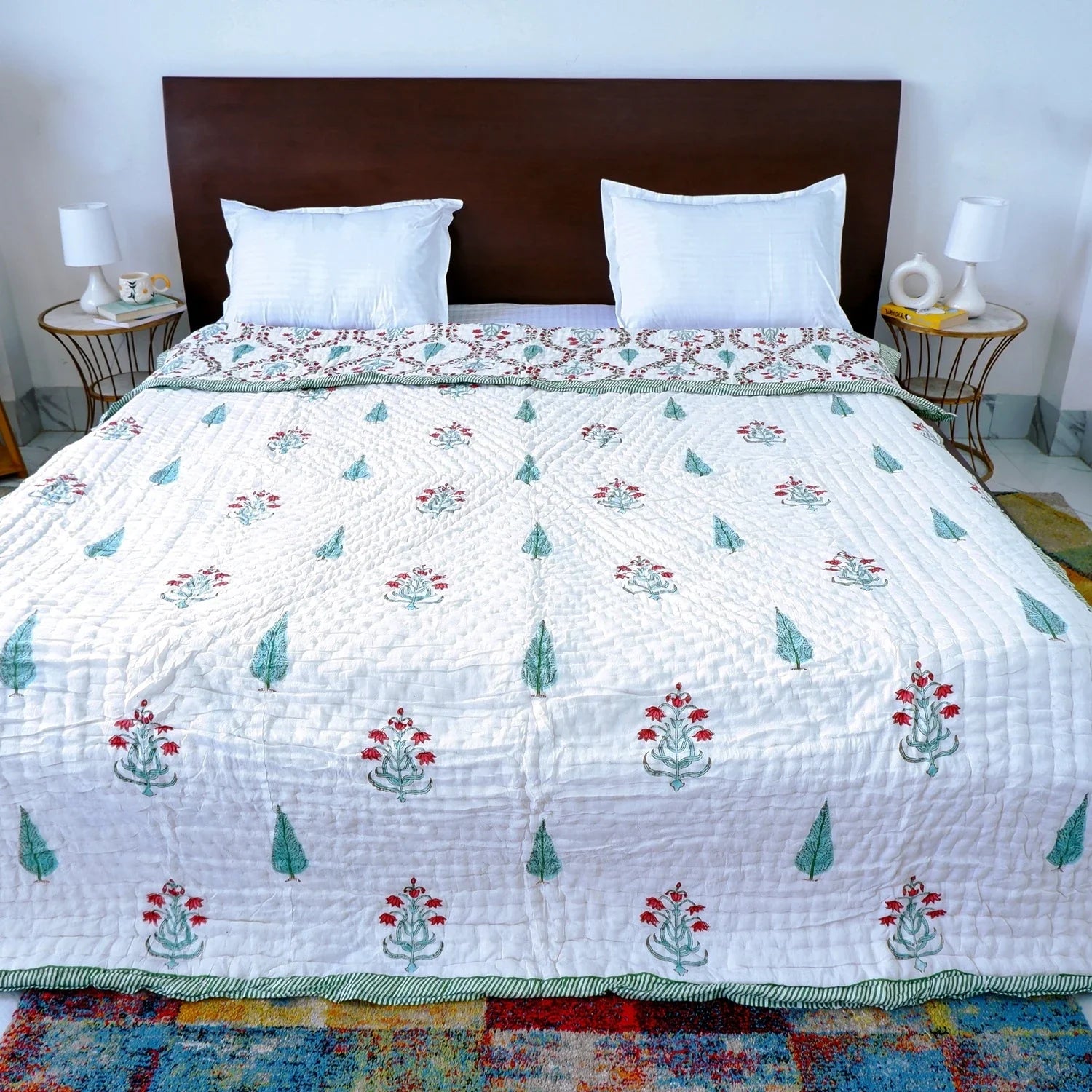 Hand Block Printed Jaipuri Cotton All season AC Quilt – Red & Green Floral Bel (90X108 Inches)