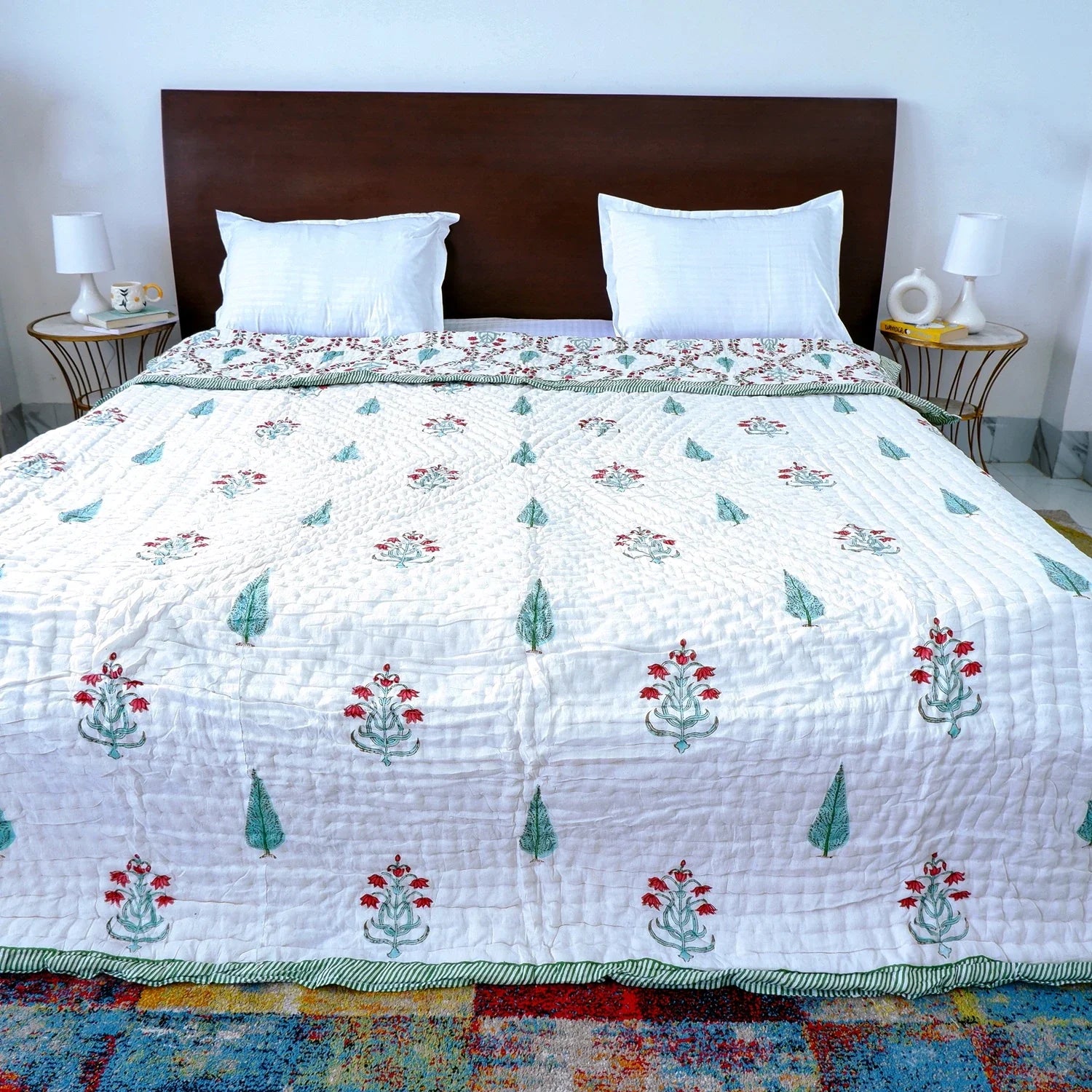 Hand Block Printed Jaipuri Cotton All season AC Quilt – Red & Green Floral Bel (90X108 Inches)