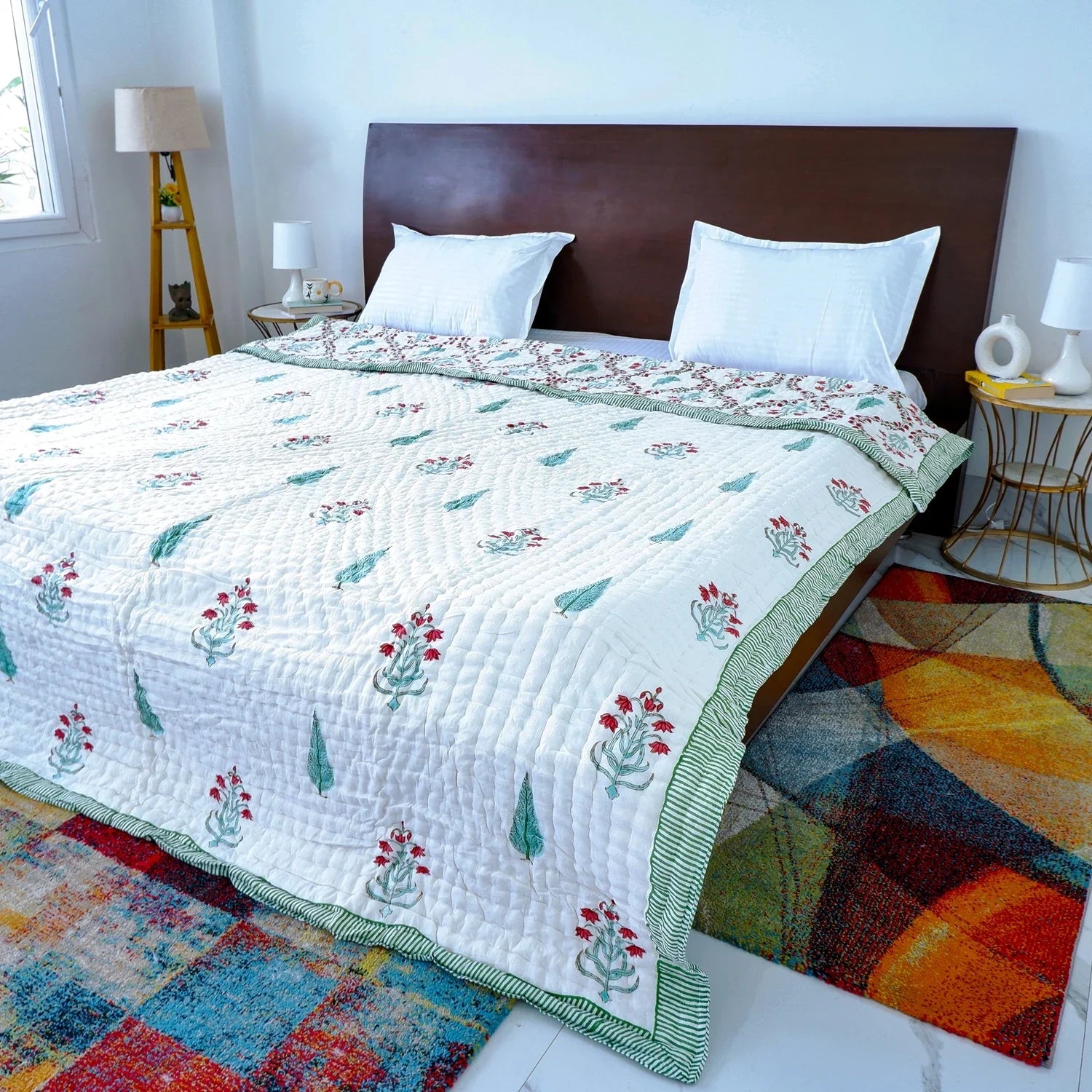 Hand Block Printed Jaipuri Cotton All season AC Quilt – Red & Green Floral Bel (90X108 Inches)