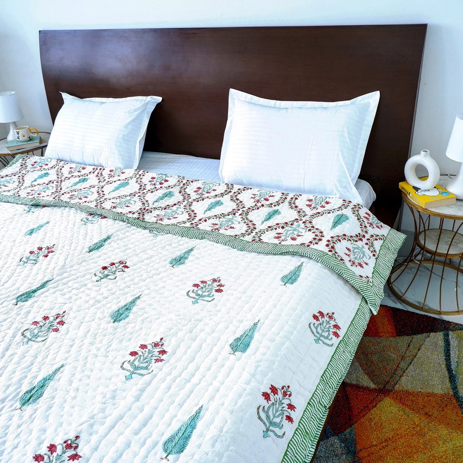 Hand Block Printed Jaipuri Cotton All season AC Quilt – Red & Green Floral Bel (90X108 Inches)