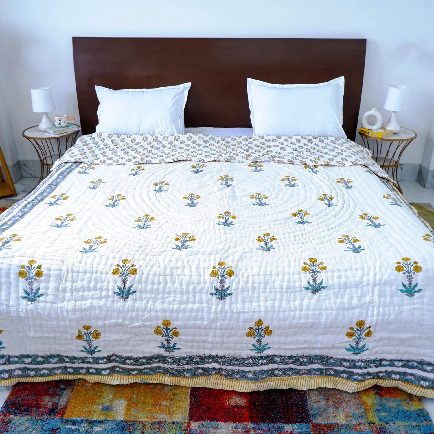 Hand Block Printed  Jaipuri Cotton All season AC Quilt - Yellow Floral Buta (90X108 Inches)