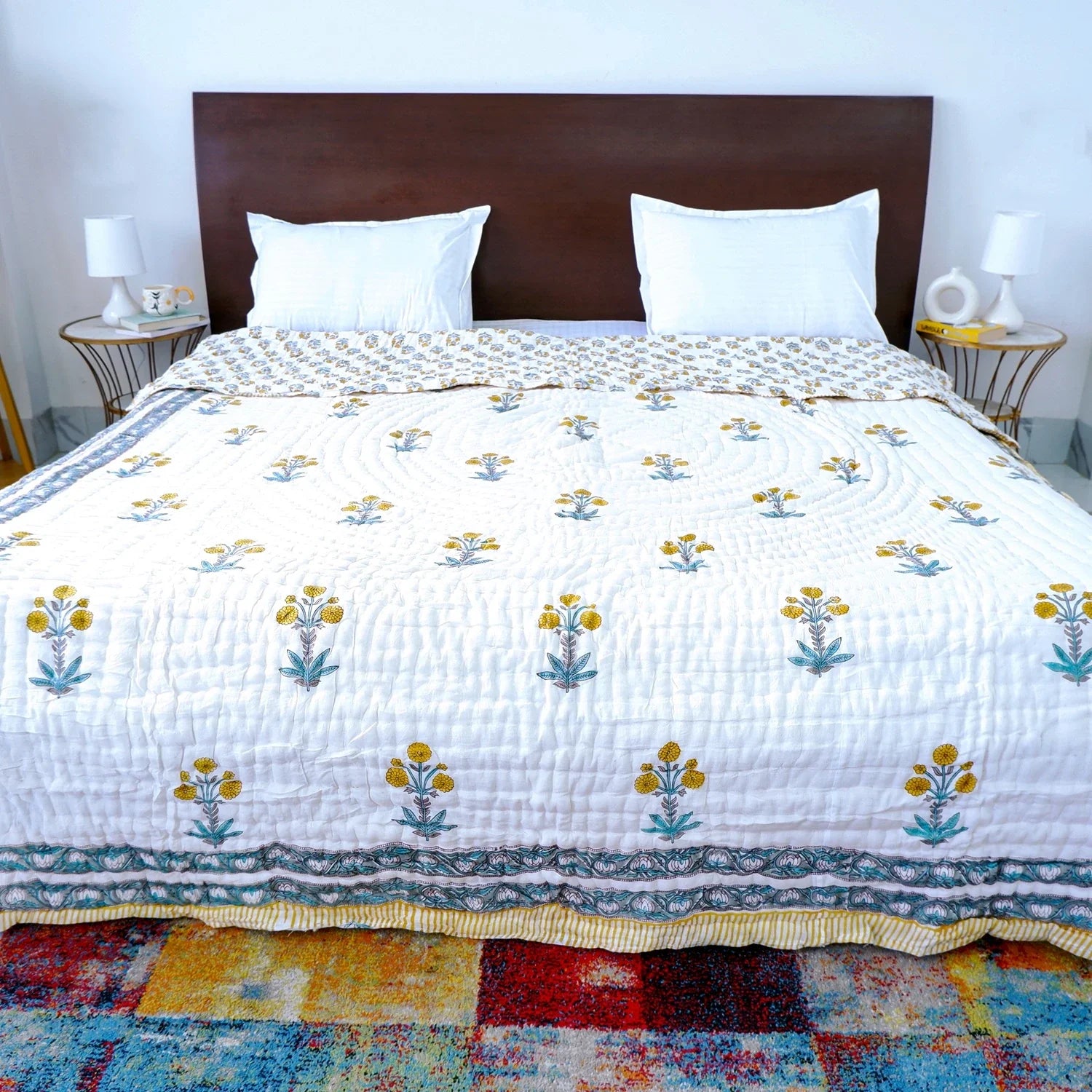 Hand Block Printed  Jaipuri Cotton All season AC Quilt - Yellow Floral Buta (90X108 Inches)