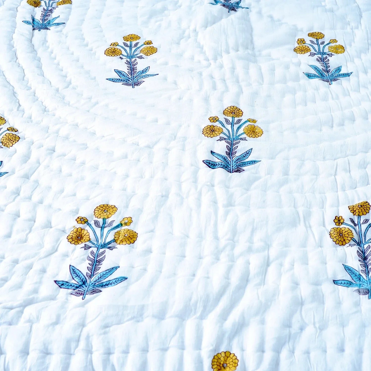 Hand Block Printed  Jaipuri Cotton All season AC Quilt - Yellow Floral Buta (90X108 Inches)