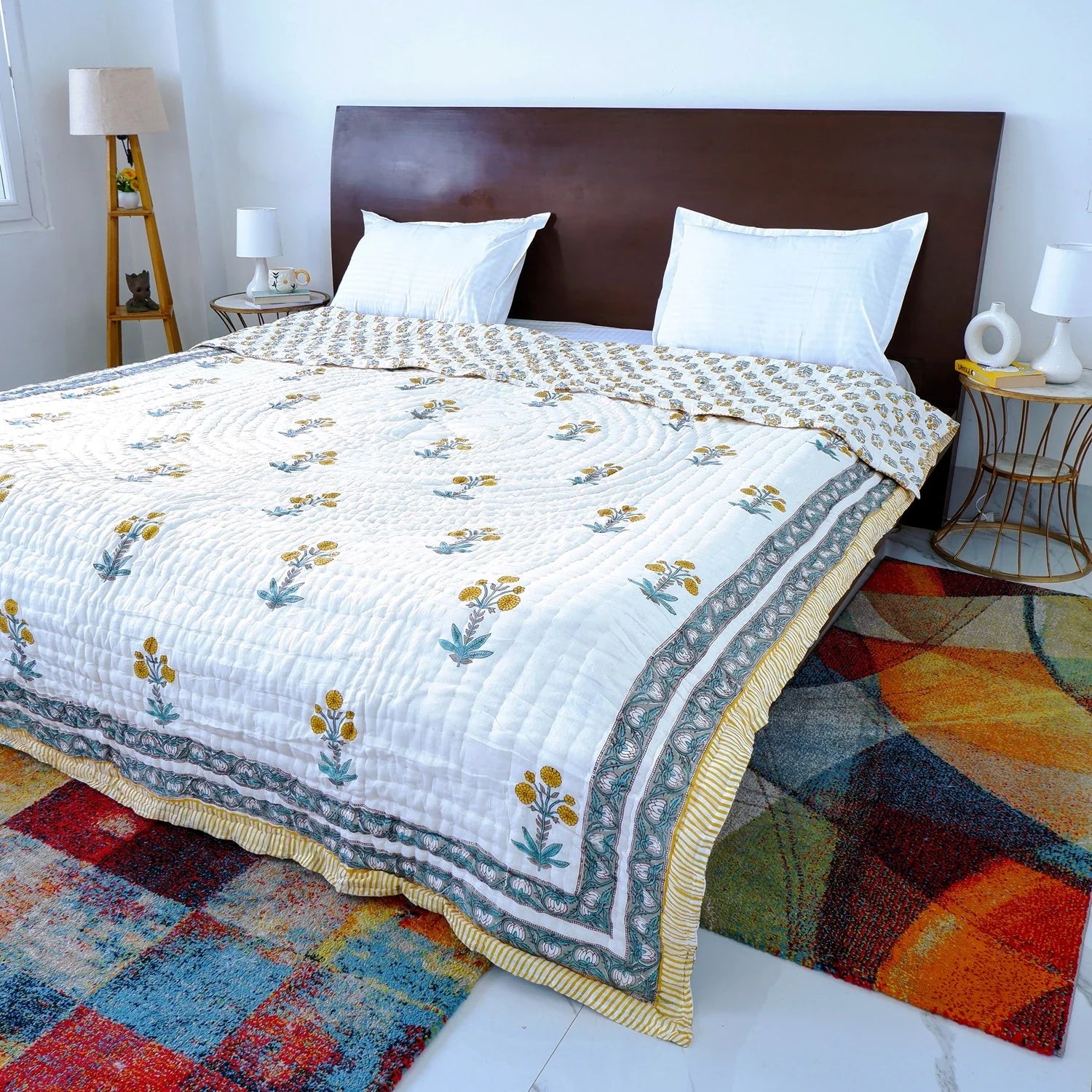 Hand Block Printed  Jaipuri Cotton All season AC Quilt - Yellow Floral Buta (90X108 Inches)