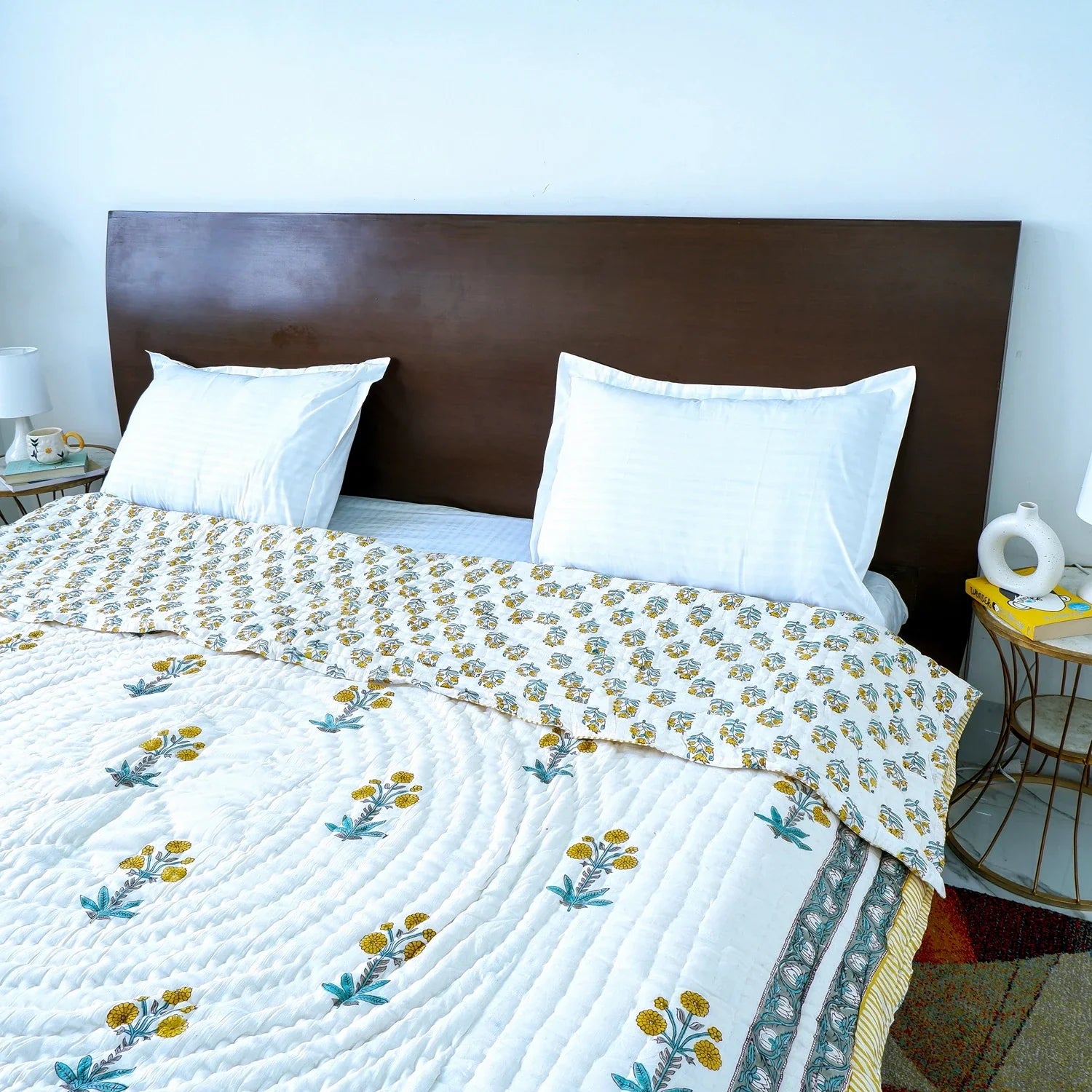 Hand Block Printed  Jaipuri Cotton All season AC Quilt - Yellow Floral Buta (90X108 Inches)