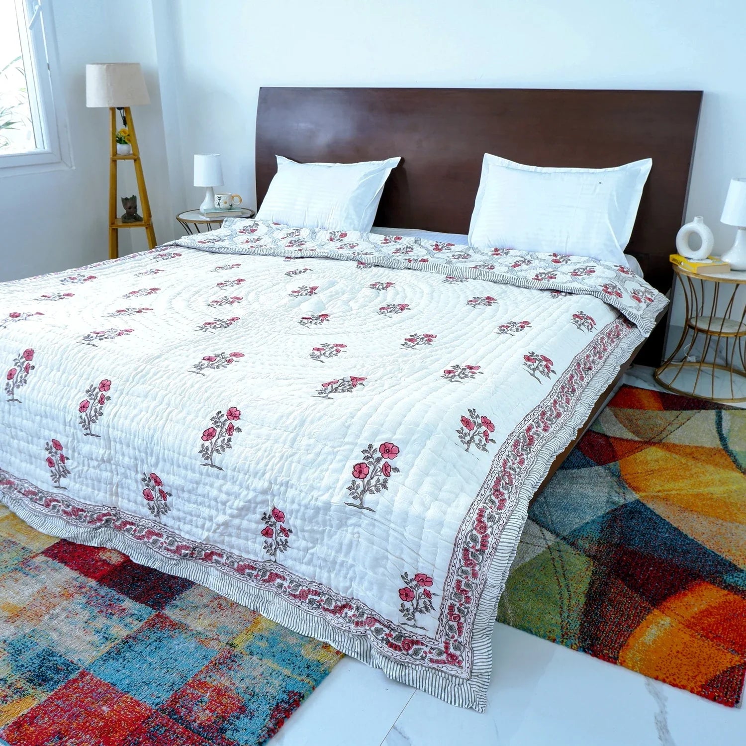 Hand Block Printed  Jaipuri Cotton All season AC Quilt - Red bloom Jaal (90X108 Inches)