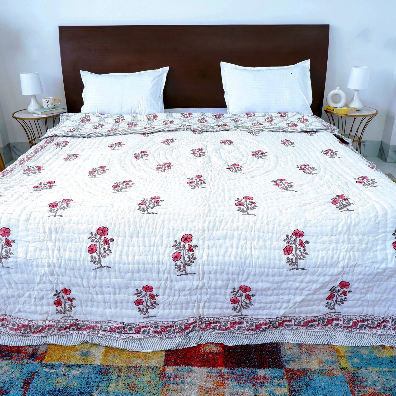 Hand Block Printed  Jaipuri Cotton All season AC Quilt - Red bloom Jaal (90X108 Inches)