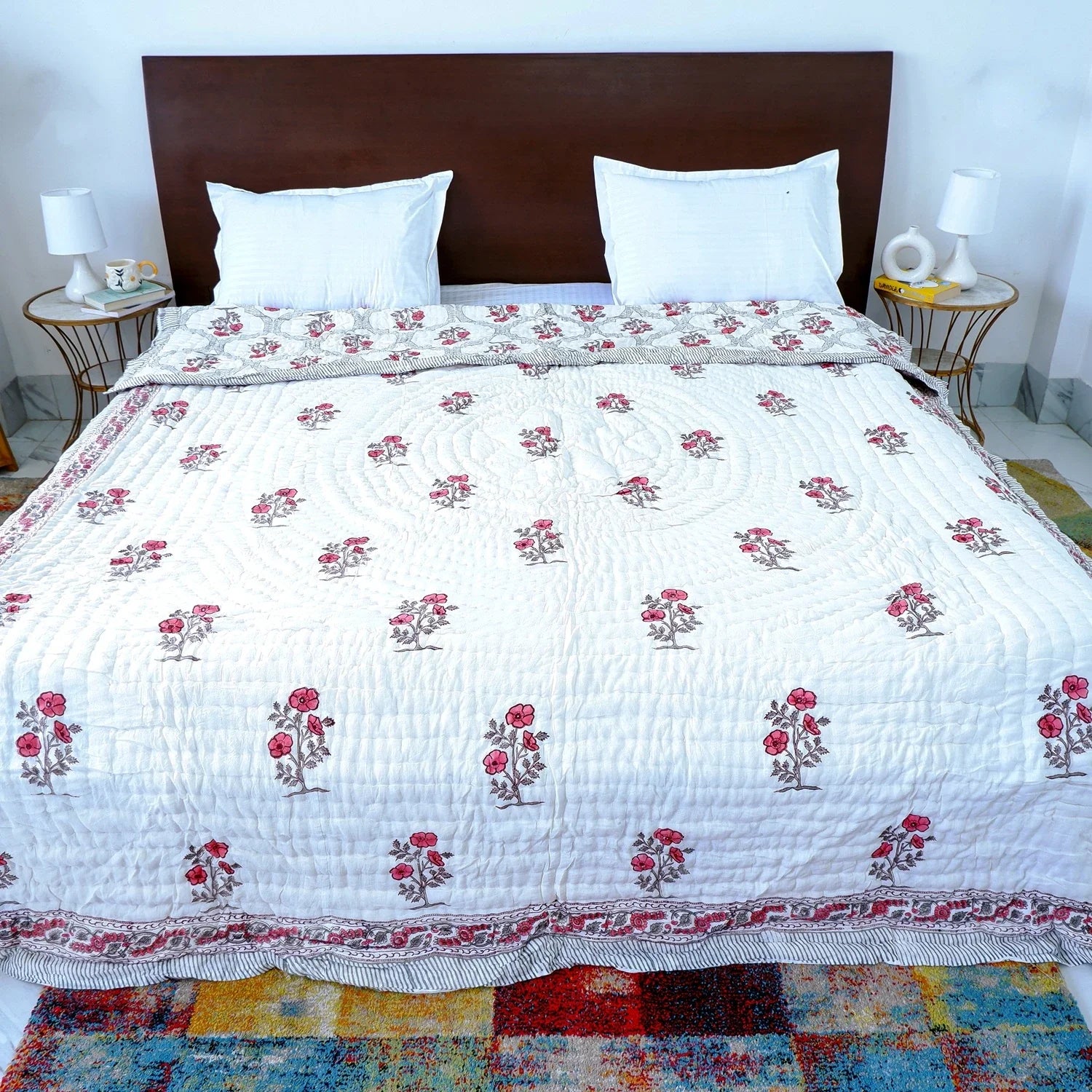 Hand Block Printed  Jaipuri Cotton All season AC Quilt - Red bloom Jaal (90X108 Inches)