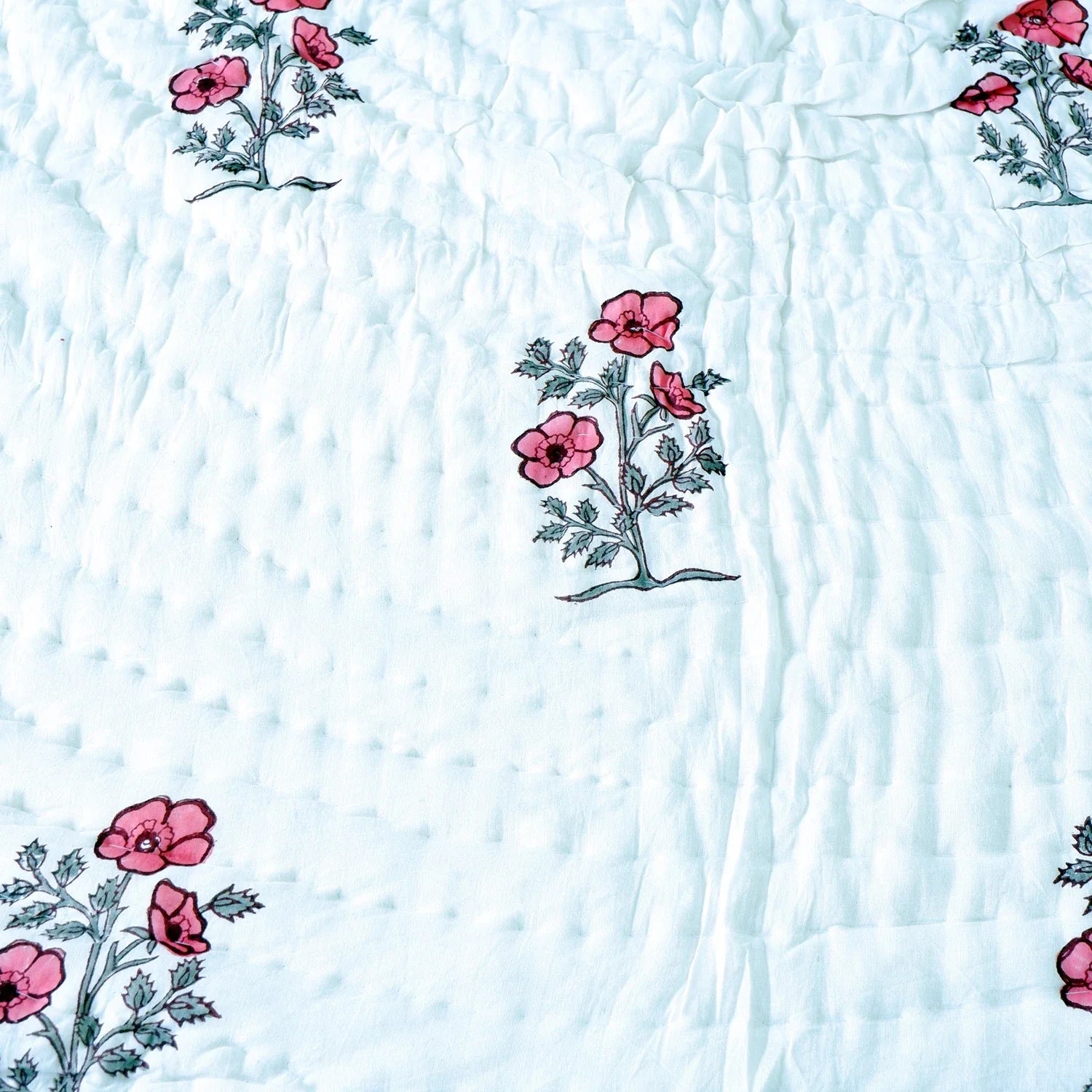 Hand Block Printed  Jaipuri Cotton All season AC Quilt - Red bloom Jaal (90X108 Inches)