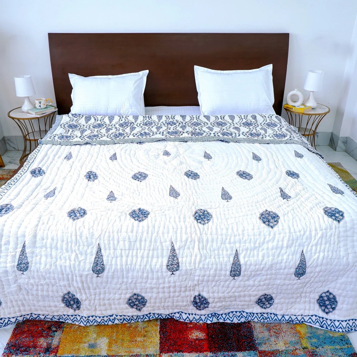 Hand Block Printed Jaipuri Cotton All season AC Quilt - Blue Floral Bel (90X108 Inches)