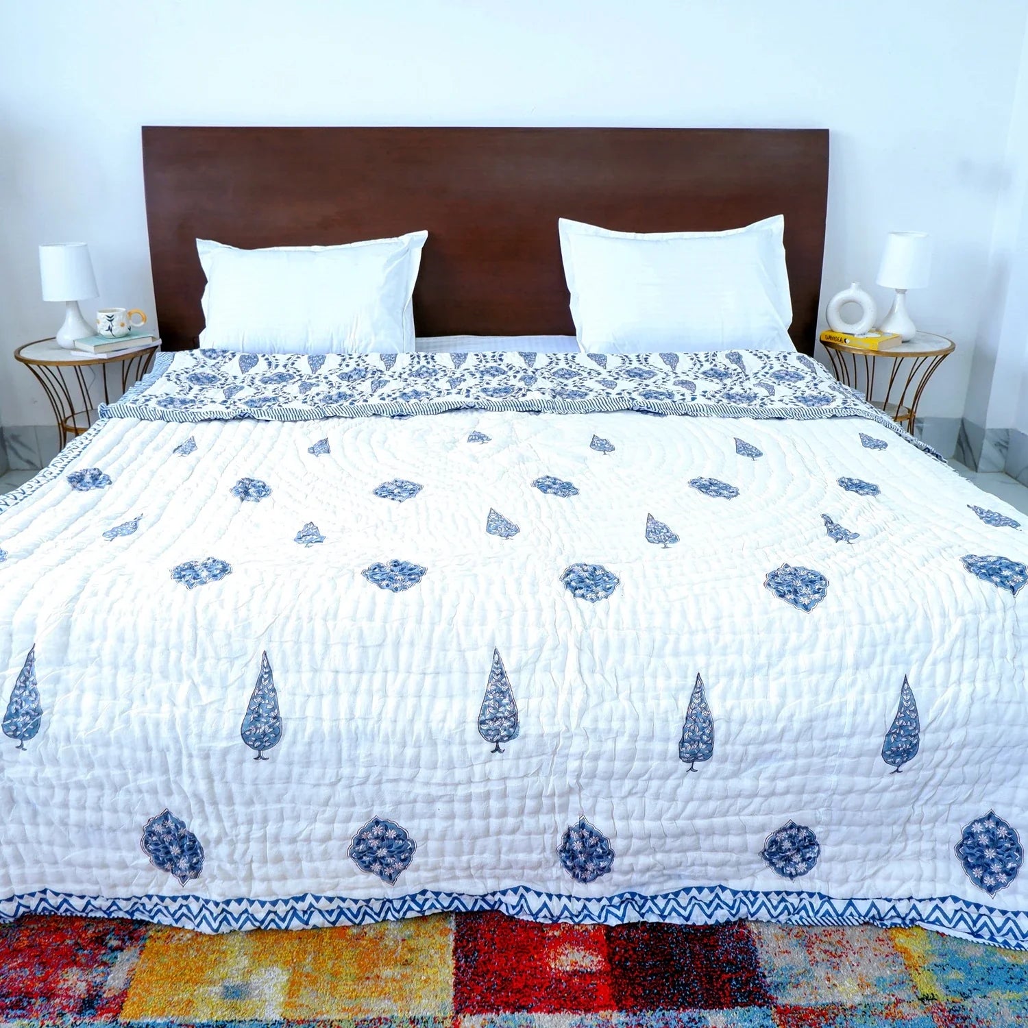 Hand Block Printed Jaipuri Cotton All season AC Quilt - Blue Floral Bel (90X108 Inches)