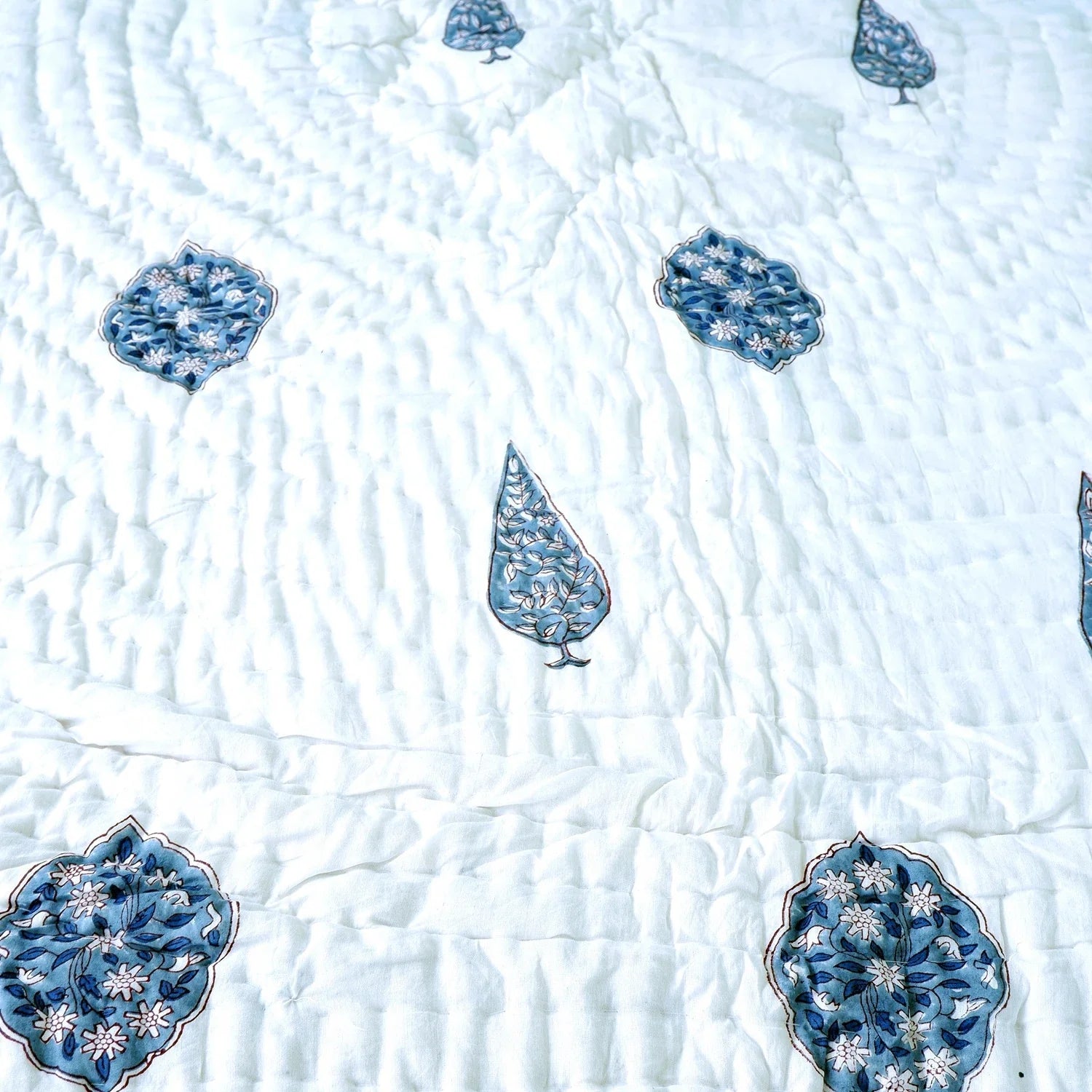 Hand Block Printed Jaipuri Cotton All season AC Quilt - Blue Floral Bel (90X108 Inches)