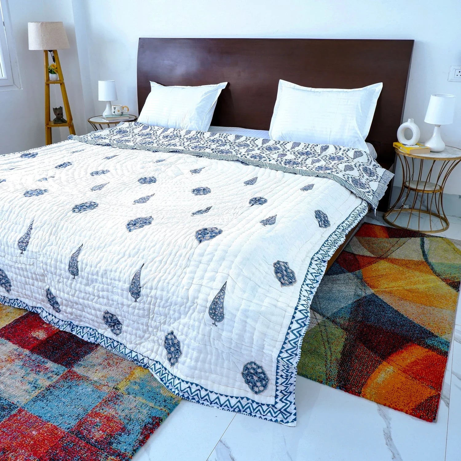 Hand Block Printed Jaipuri Cotton All season AC Quilt - Blue Floral Bel (90X108 Inches)