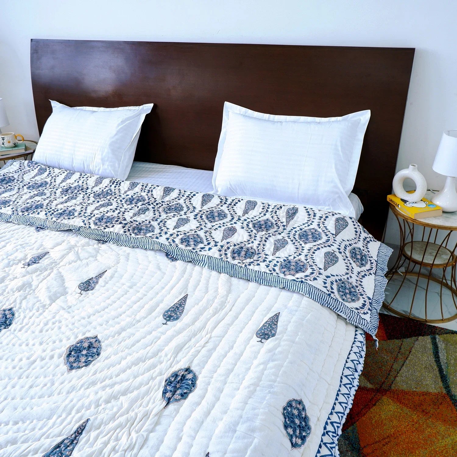 Hand Block Printed Jaipuri Cotton All season AC Quilt - Blue Floral Bel (90X108 Inches)