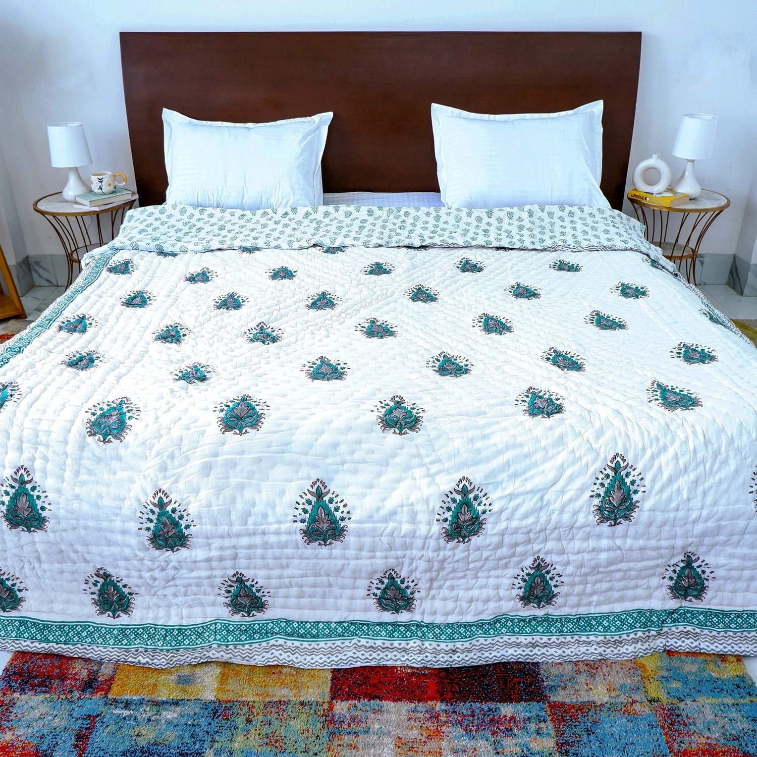 Hand Block Printed Jaipuri Cotton All season AC Quilt - Teal Keri pattern (90X108 Inches)