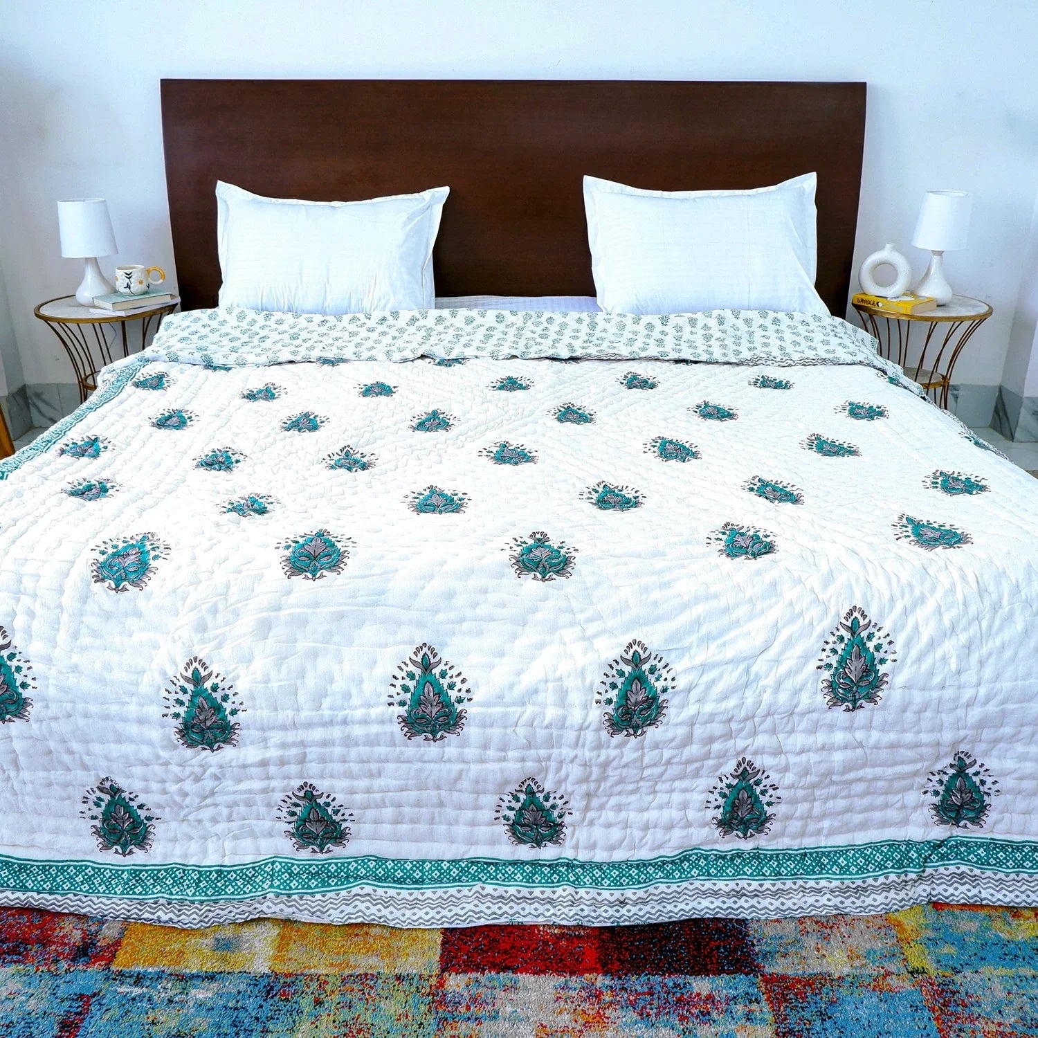 Hand Block Printed Jaipuri Cotton All season AC Quilt - Teal Keri pattern (90X108 Inches)