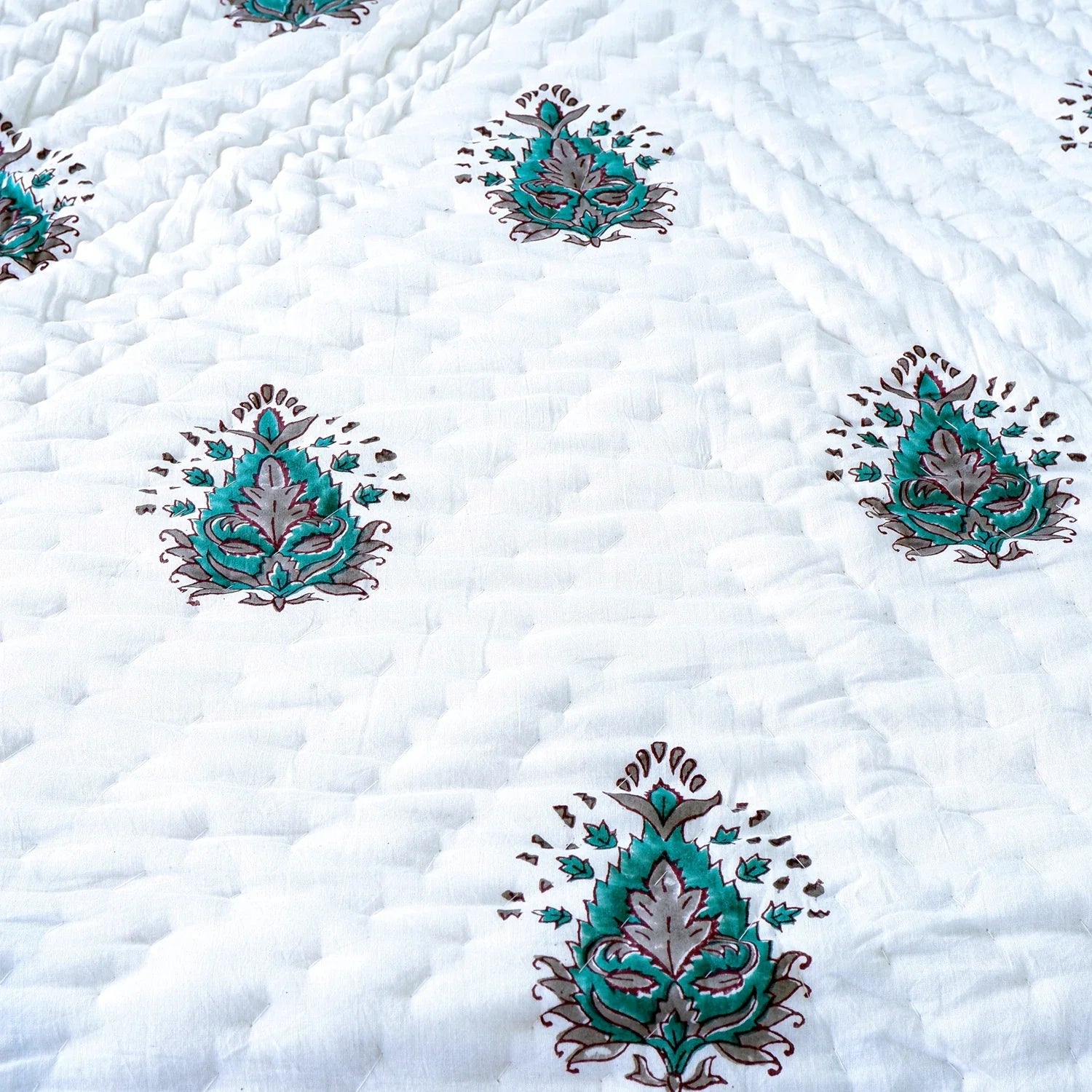 Hand Block Printed Jaipuri Cotton All season AC Quilt - Teal Keri pattern (90X108 Inches)