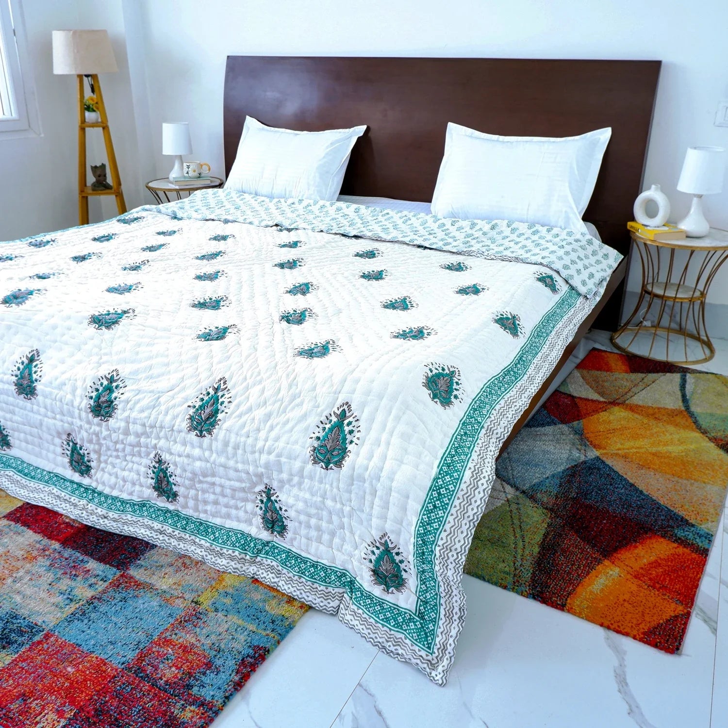 Hand Block Printed Jaipuri Cotton All season AC Quilt - Teal Keri pattern (90X108 Inches)