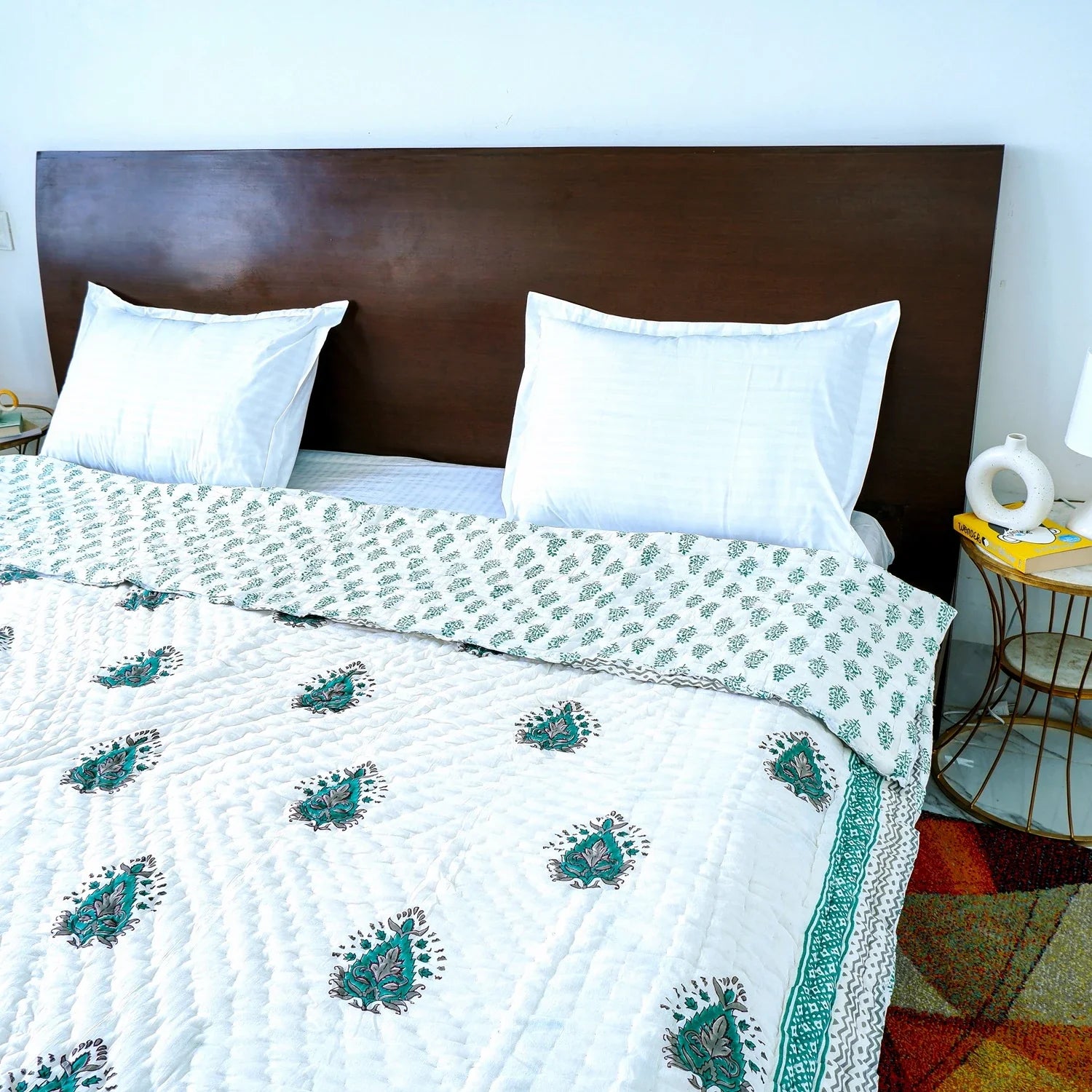 Hand Block Printed Jaipuri Cotton All season AC Quilt - Teal Keri pattern (90X108 Inches)