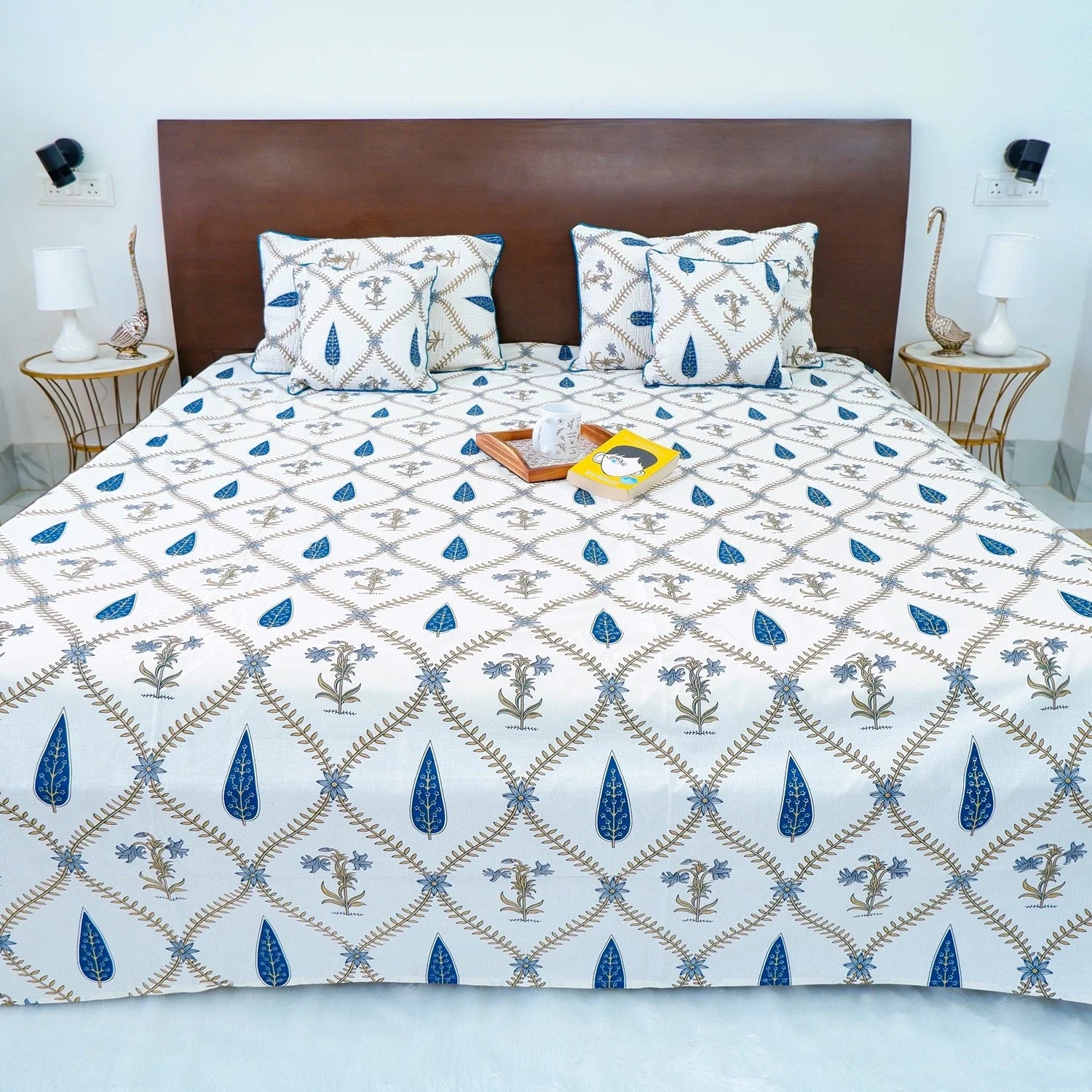 Hand Block Printed Cotton Bedding Set  of 5 Pieces -Blue Floral Jaal (90x108 inches)