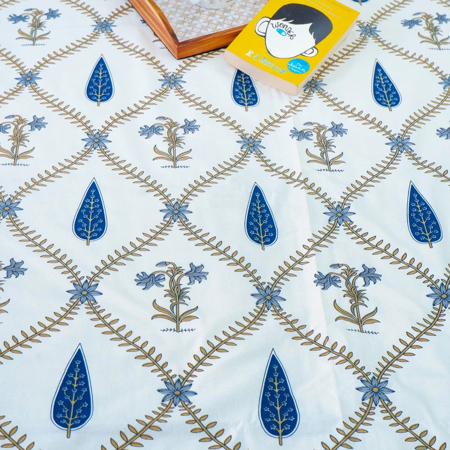 Hand Block Printed Cotton Bedding Set  of 5 Pieces -Blue Floral Jaal (90x108 inches)