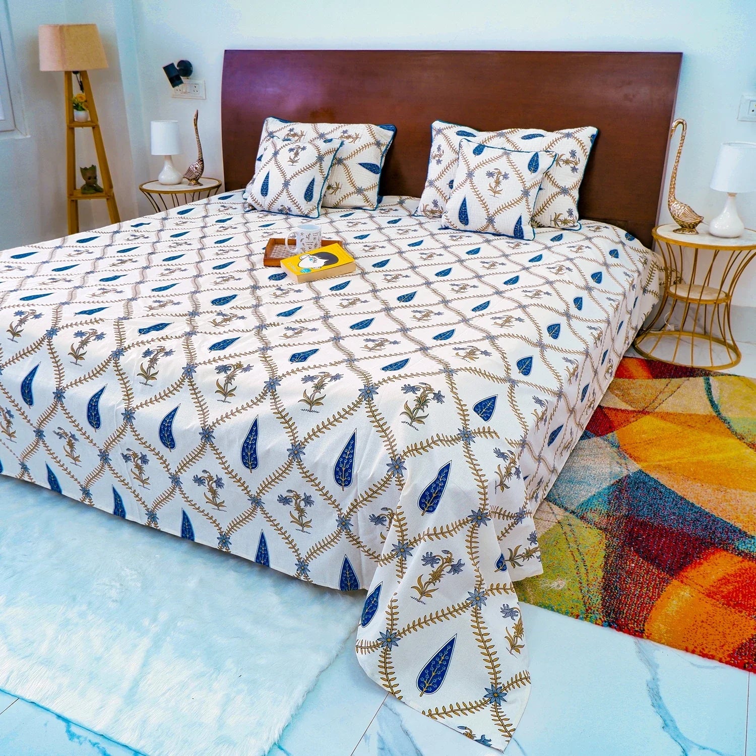 Hand Block Printed Cotton Bedding Set  of 5 Pieces -Blue Floral Jaal (90x108 inches)