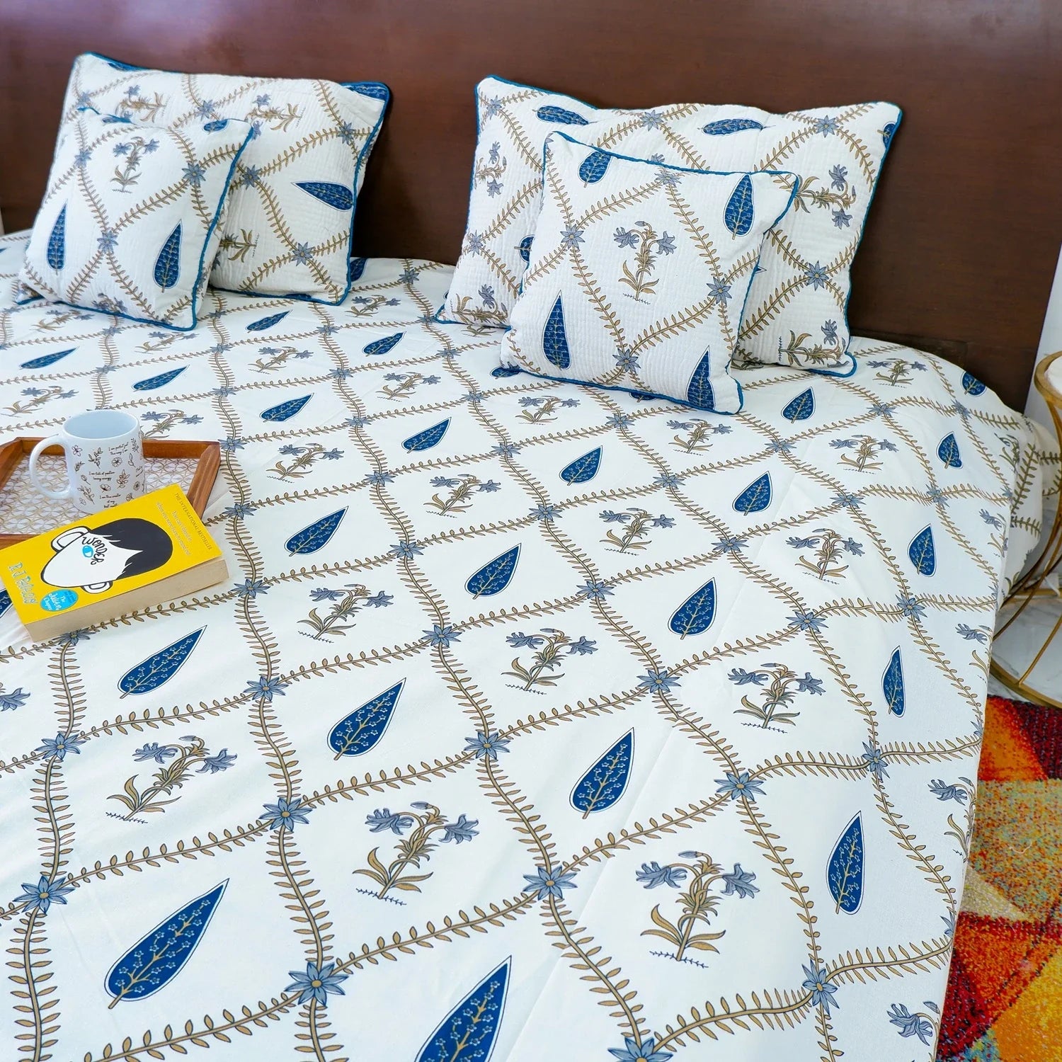 Hand Block Printed Cotton Bedding Set  of 5 Pieces -Blue Floral Jaal (90x108 inches)