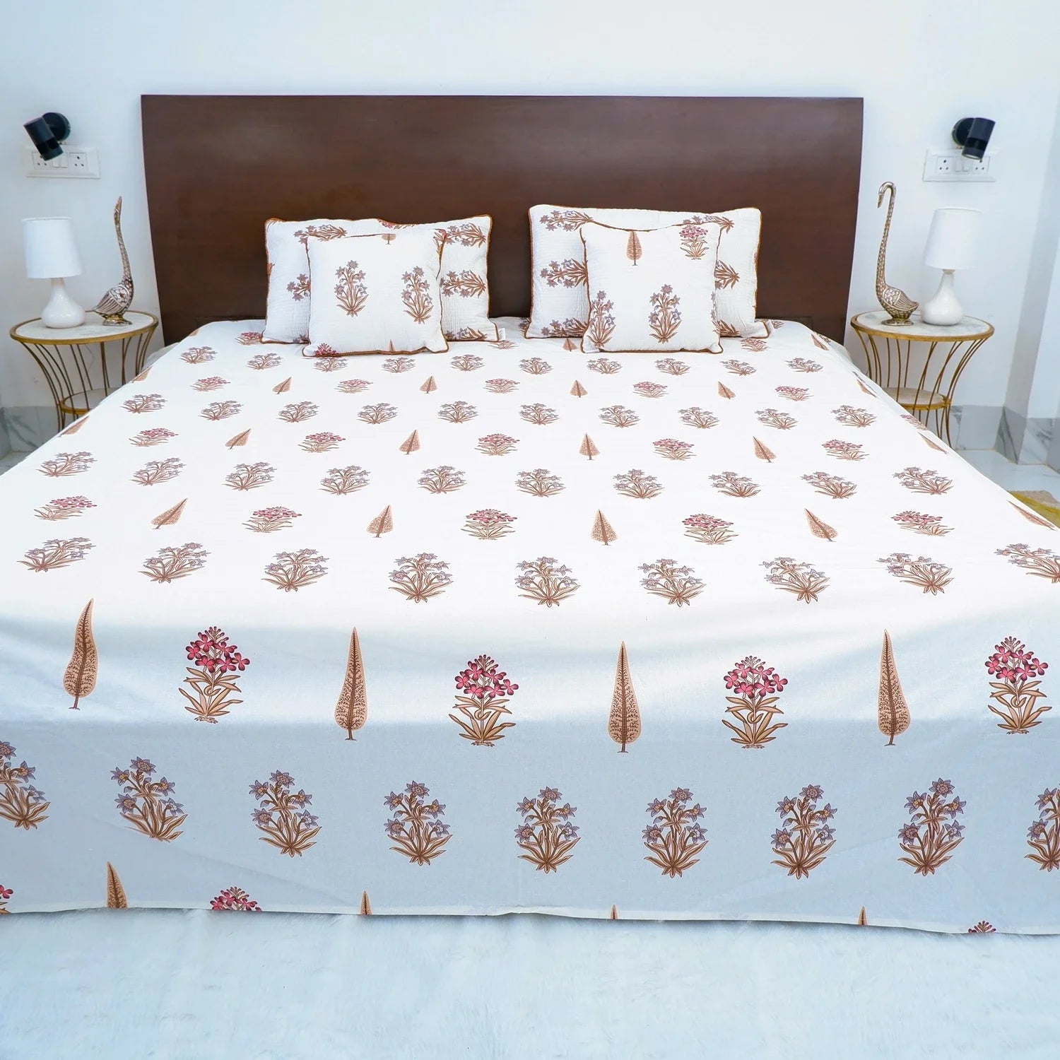 Hand Block Printed Cotton Bedding Set  of 5 Pieces - Floral Leaf Motif (90x108 inches)