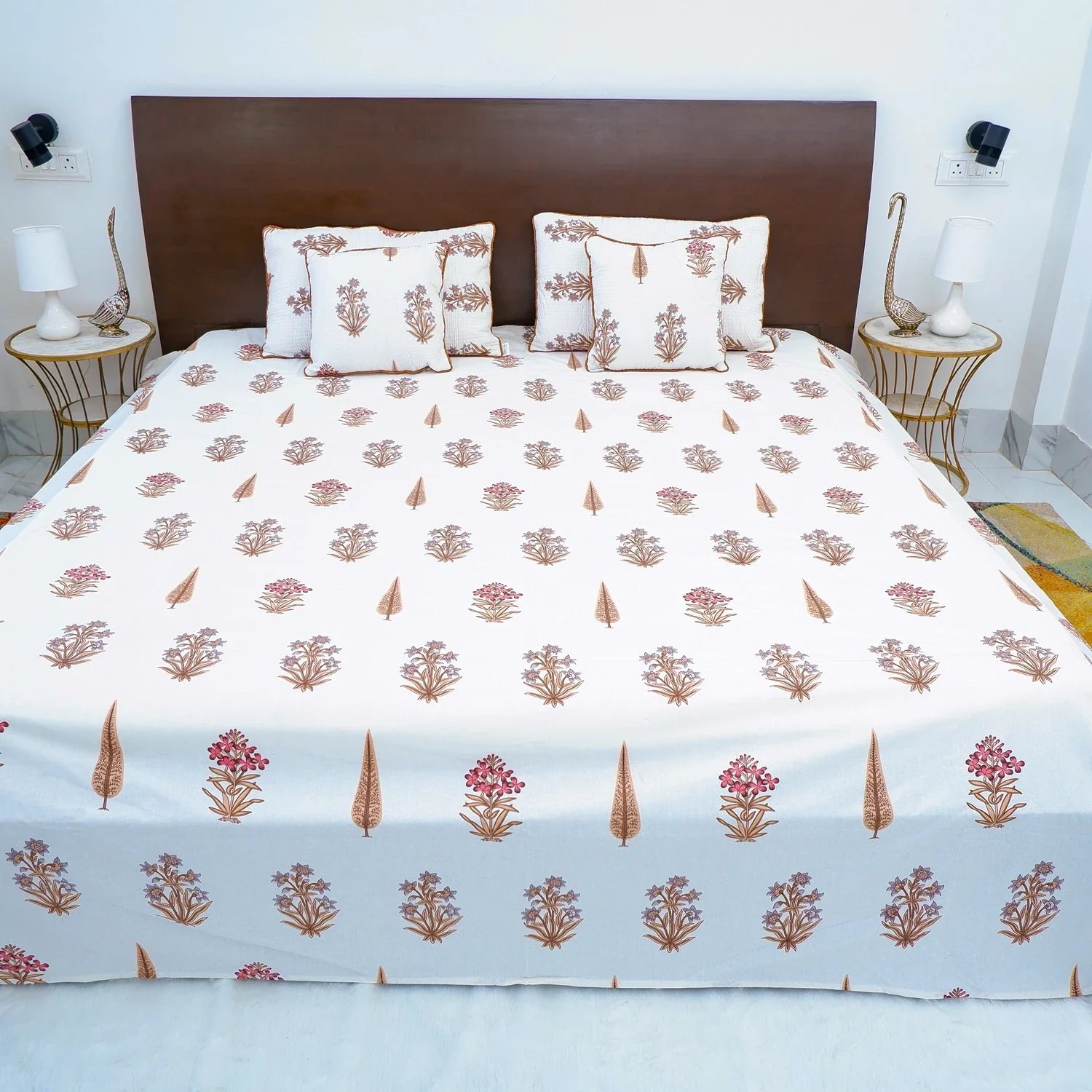 Hand Block Printed Cotton Bedding Set  of 5 Pieces - Floral Leaf Motif (90x108 inches)