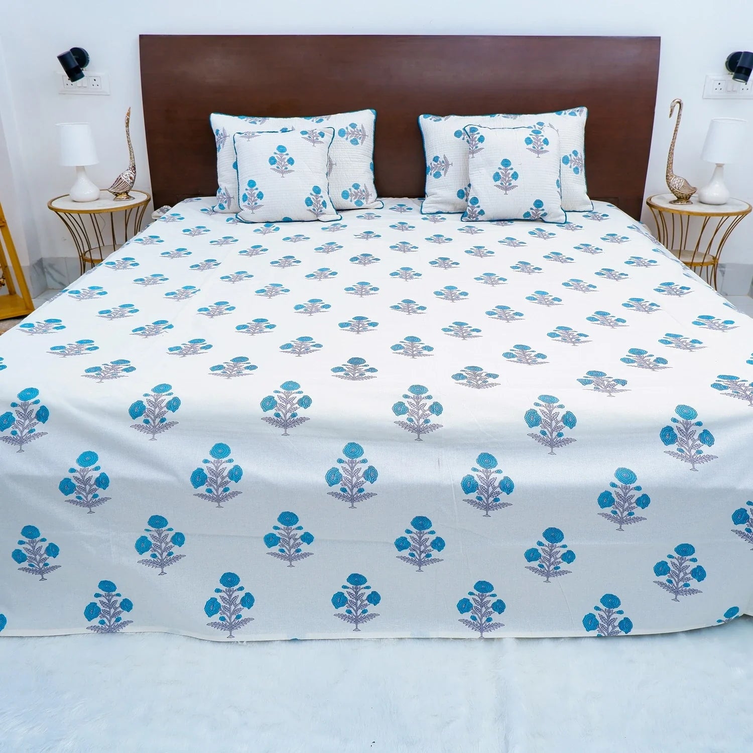 Hand Block Printed Cotton Bedding Set  of 5 Pieces- Blue Floral Buta (90x108 inches)
