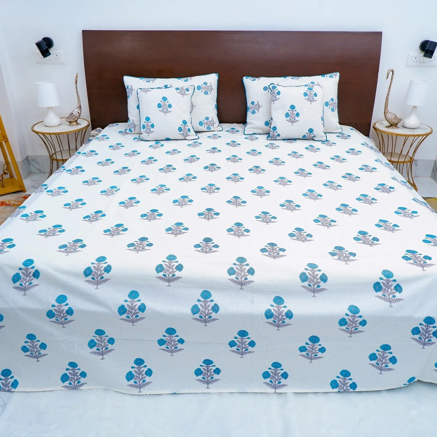 Hand Block Printed Cotton Bedding Set  of 5 Pieces- Blue Floral Buta (90x108 inches)