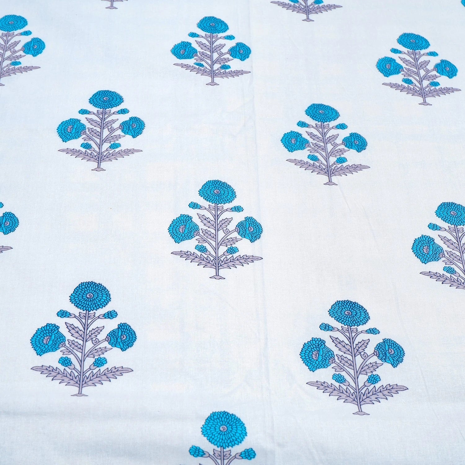 Hand Block Printed Cotton Bedding Set  of 5 Pieces- Blue Floral Buta (90x108 inches)