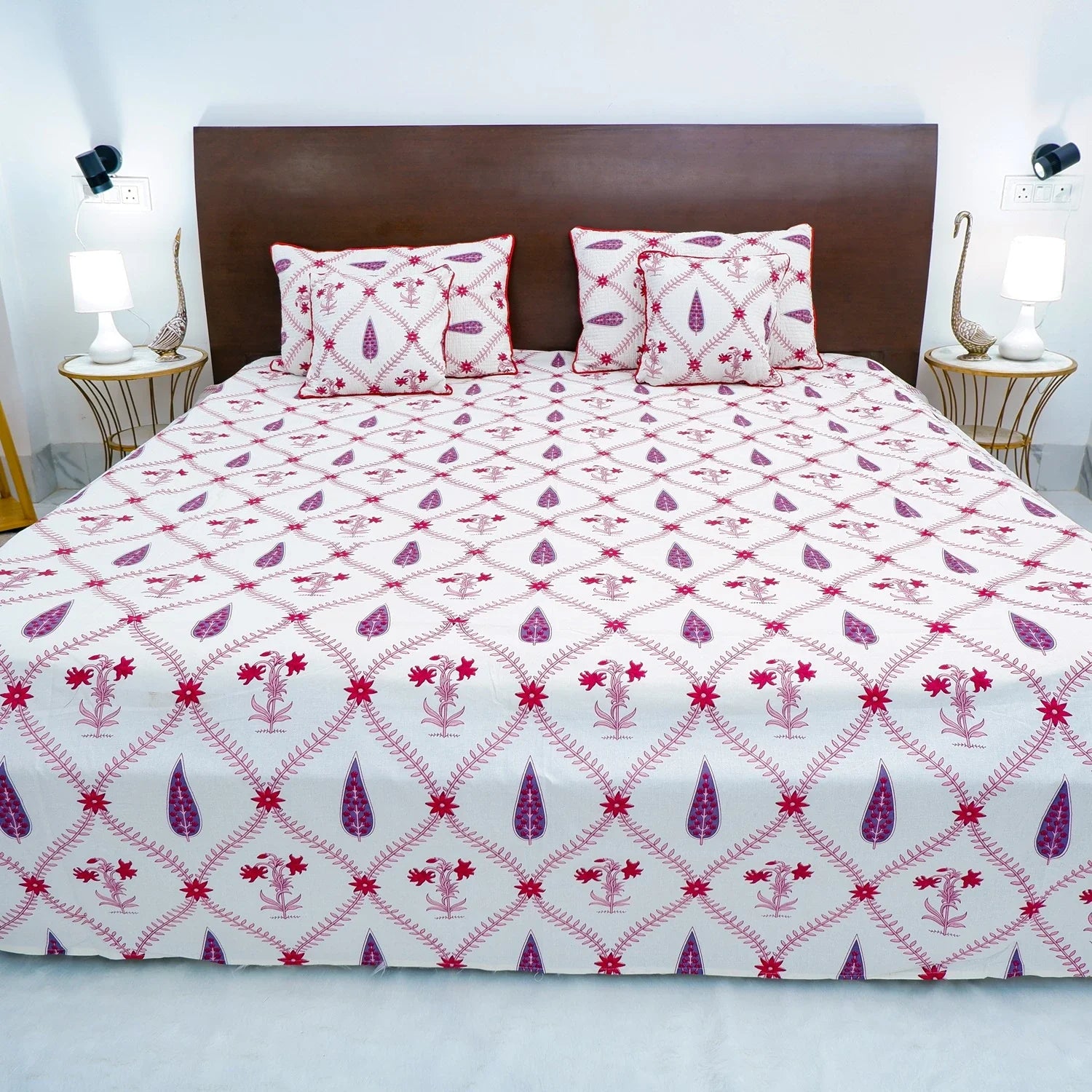 Hand Block Printed Cotton Bedding Set  of 5 Pieces -Red Floral Jaal (90x108 inches)