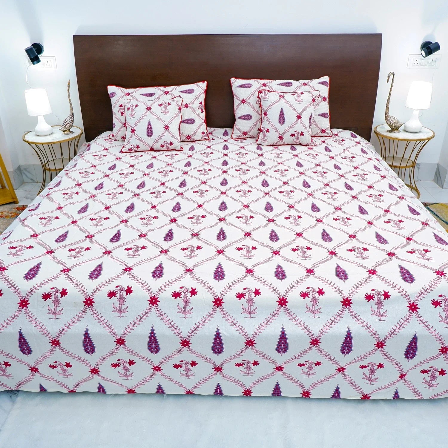 Hand Block Printed Cotton Bedding Set  of 5 Pieces -Red Floral Jaal (90x108 inches)