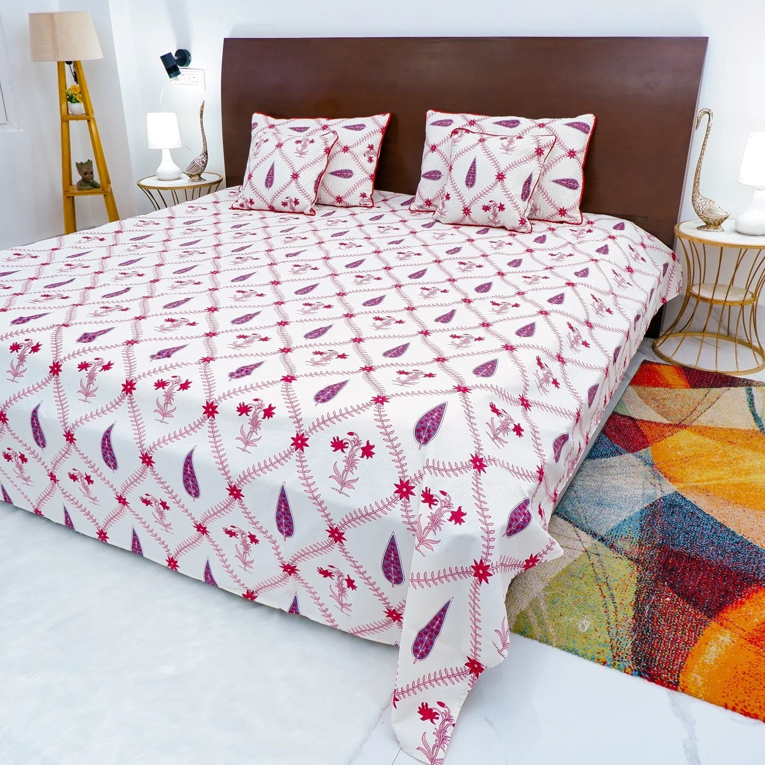 Hand Block Printed Cotton Bedding Set  of 5 Pieces -Red Floral Jaal (90x108 inches)