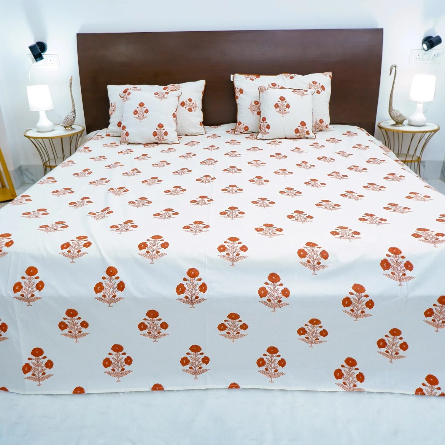 Hand Block Printed Cotton Bedding Set  of 5 Pieces- Red Floral Buta (90x108 inches)