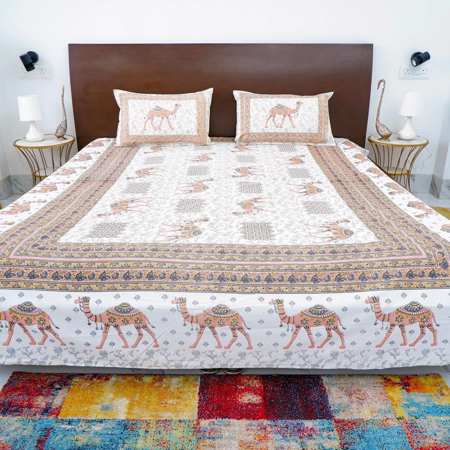 Jaipuri Cotton Double Bedsheet Set - Peach Camel Print (90x108 inches)