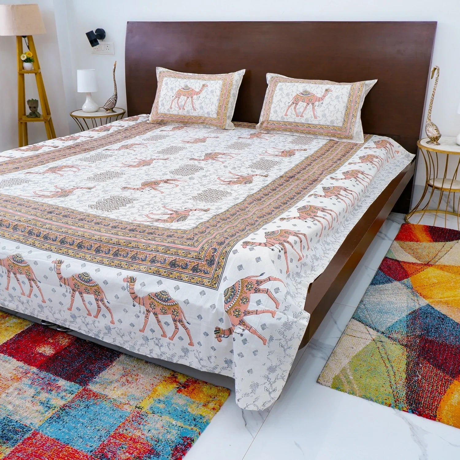 Jaipuri Cotton Double Bedsheet Set - Peach Camel Print (90x108 inches)