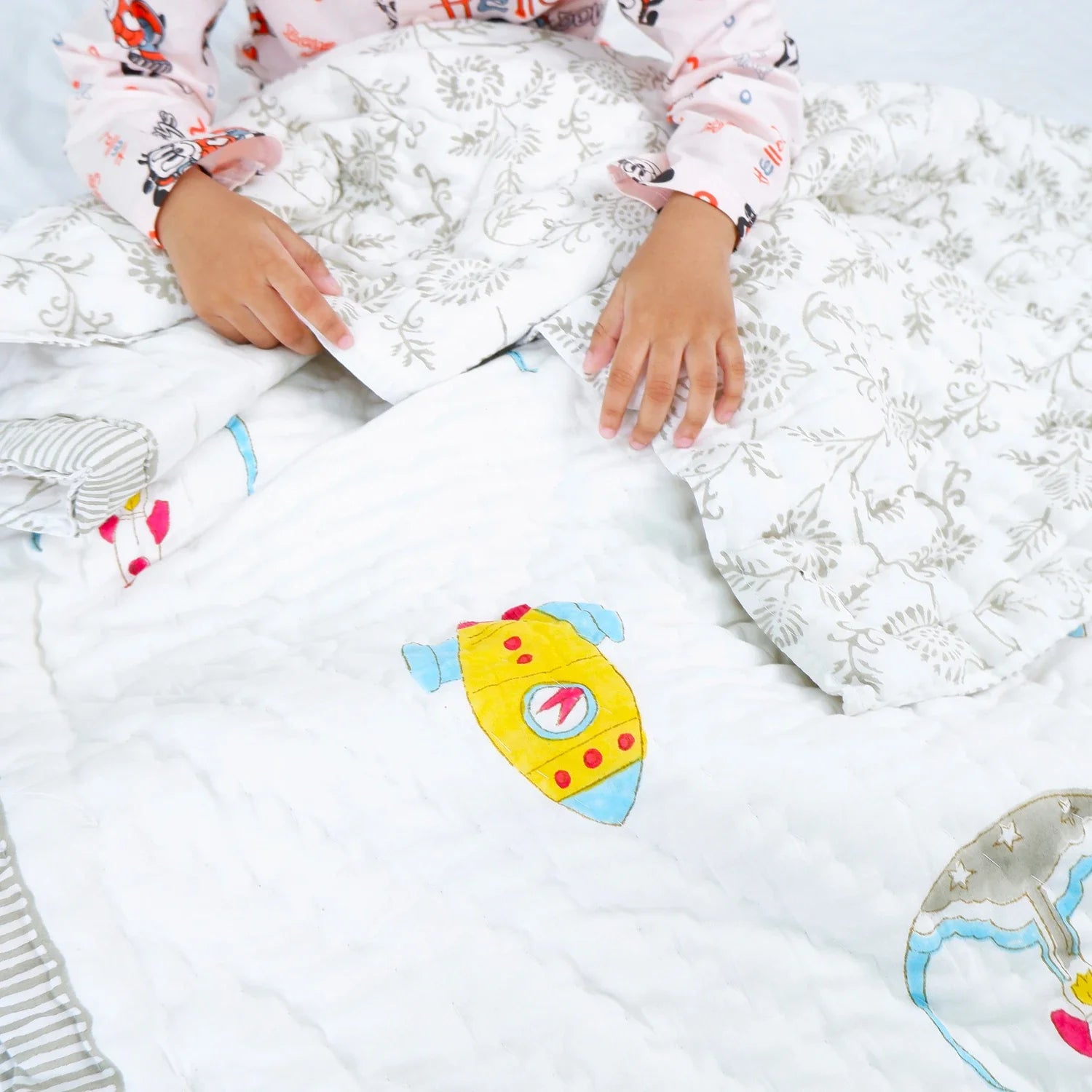 Hand Block Printed Kid's Cotton Quilt - Space - Tarvik