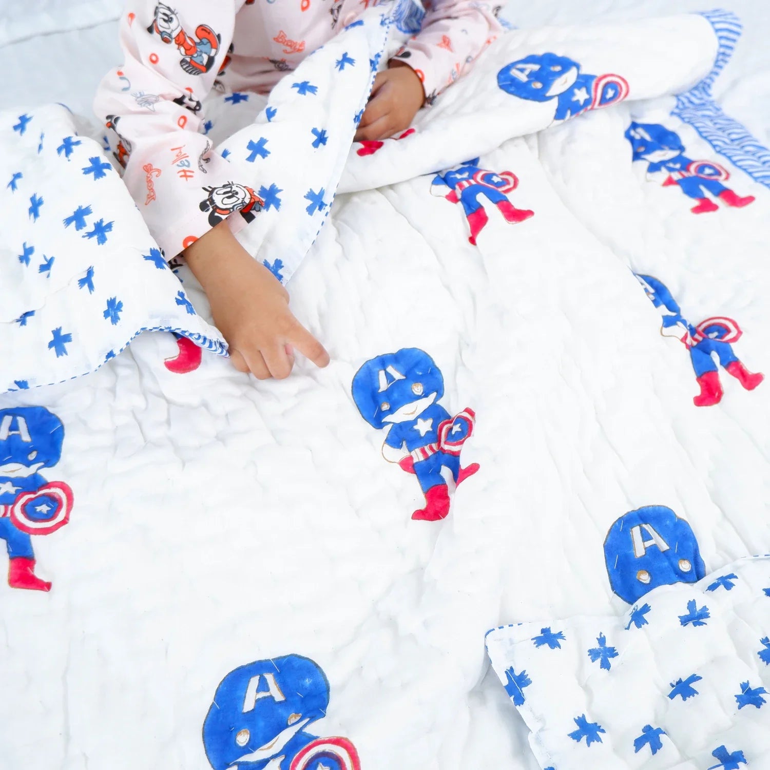 Hand Block Printed Kid's Cotton Quilt - Captain America - Tarvik
