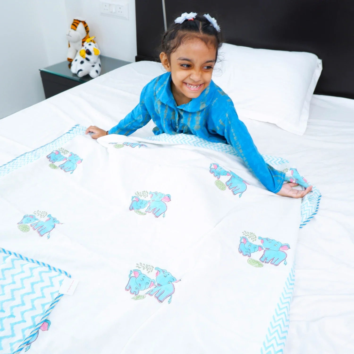 Single Bed Cute elephant Hand block Printed Children Bed Dohar - Tarvik