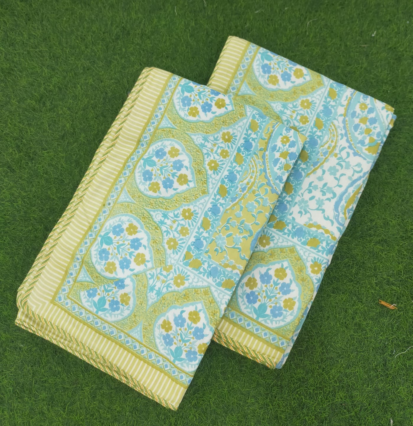 All Season Jaipuri AC Blanket | 100% Cotton | Block Print | Single Bed  –  Mughal Jaal Yellow (63X90 Inches)